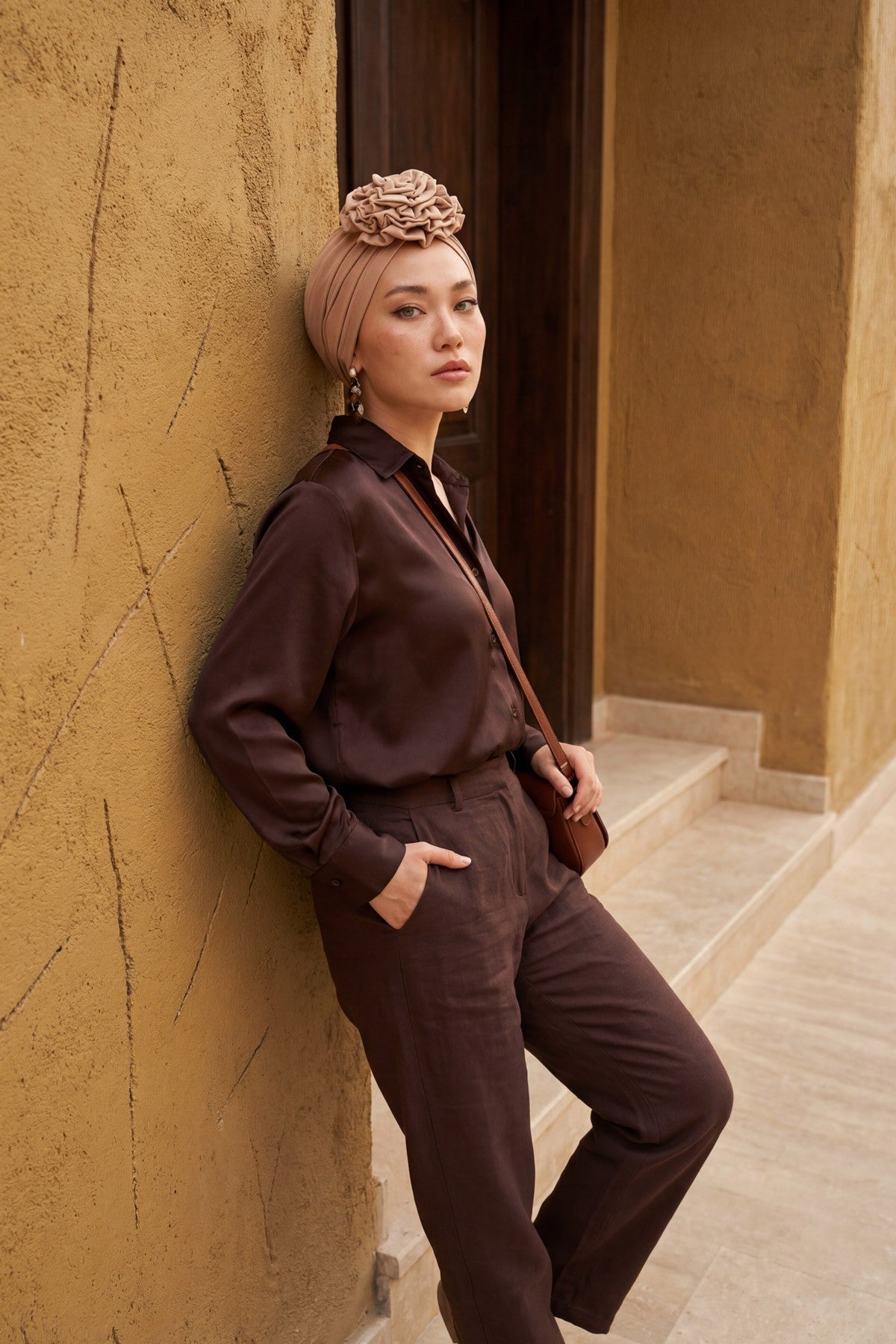 Chic Rose Accent Instant Turban Hijab for Women, Cotton Scarf Chemo Head Wrap, Plain Bonnet Cap with a Beautiful Big Handmade Rose,B-21 Sand Brown
