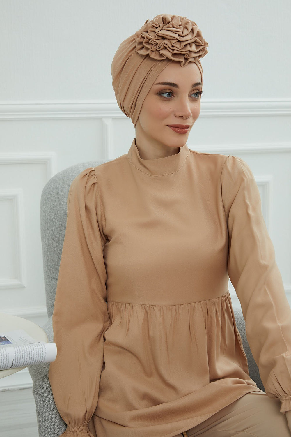 Chic Rose Accent Instant Turban Hijab for Women, Cotton Scarf Chemo Head Wrap, Plain Bonnet Cap with a Beautiful Big Handmade Rose,B-21 Sand Brown