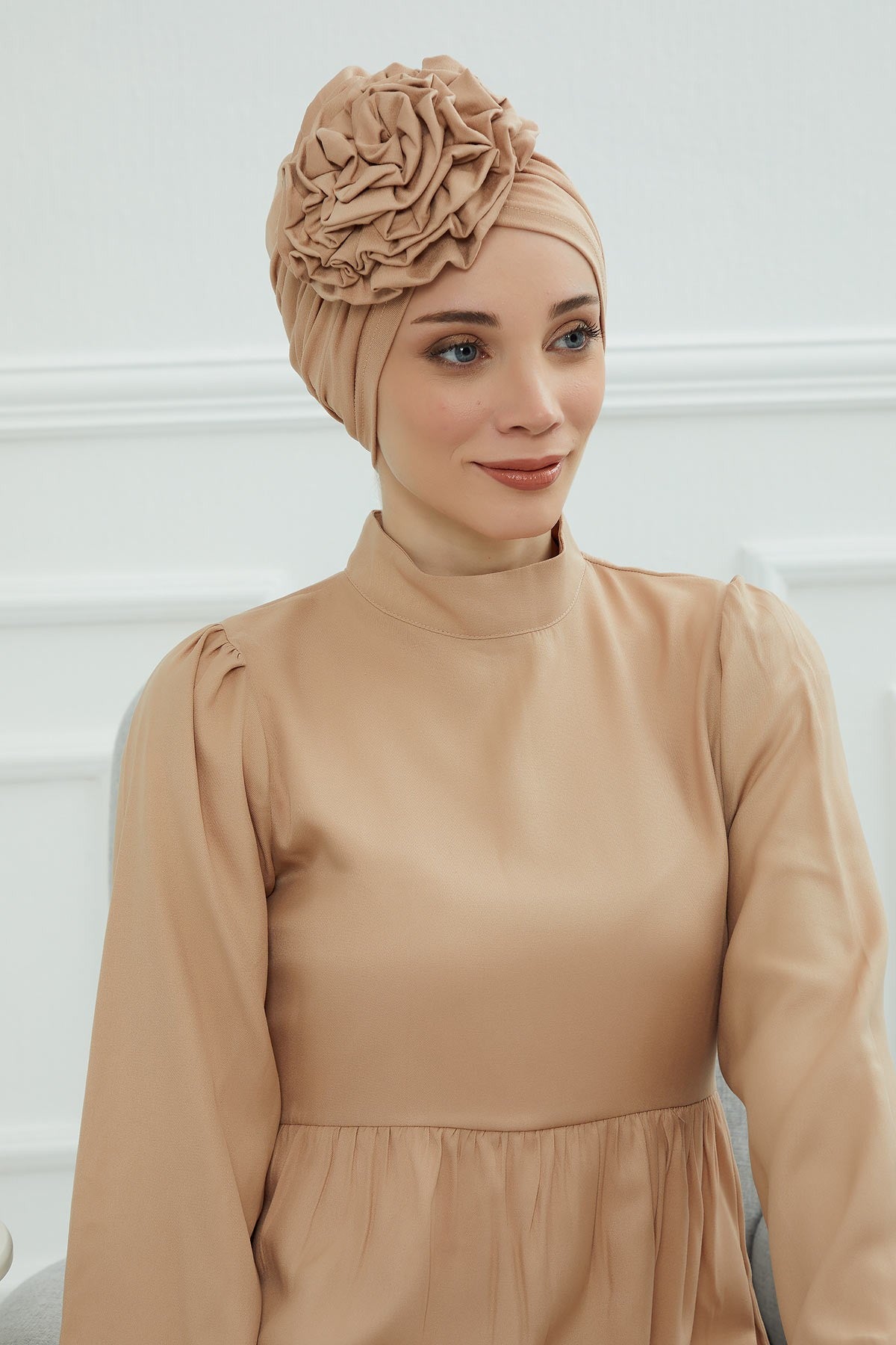 Chic Rose Accent Instant Turban Hijab for Women, Cotton Scarf Chemo Head Wrap, Plain Bonnet Cap with a Beautiful Big Handmade Rose,B-21 Sand Brown