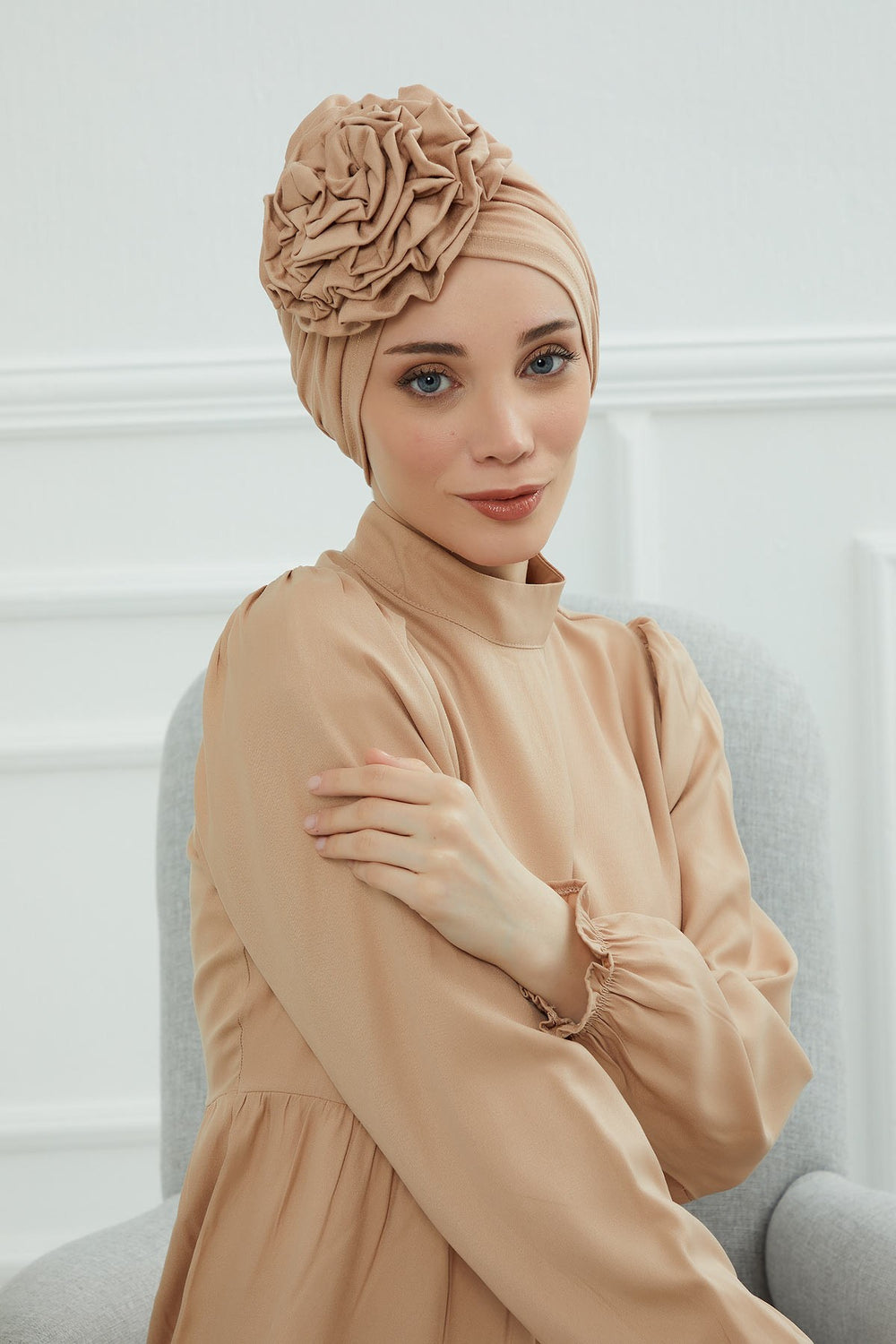 Chic Rose Accent Instant Turban Hijab for Women, Cotton Scarf Chemo Head Wrap, Plain Bonnet Cap with a Beautiful Big Handmade Rose,B-21 Sand Brown