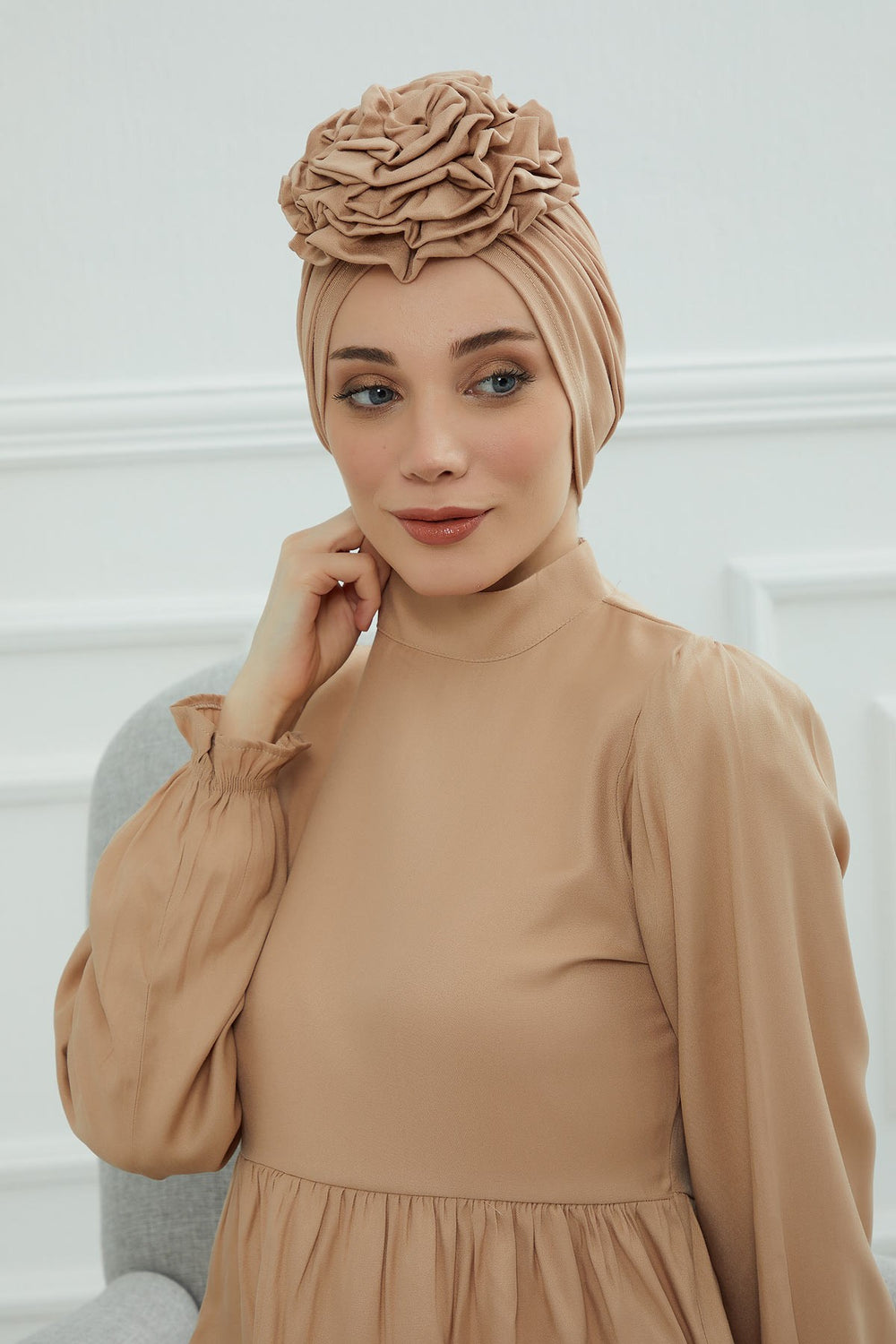 Chic Rose Accent Instant Turban Hijab for Women, Cotton Scarf Chemo Head Wrap, Plain Bonnet Cap with a Beautiful Big Handmade Rose,B-21 Sand Brown