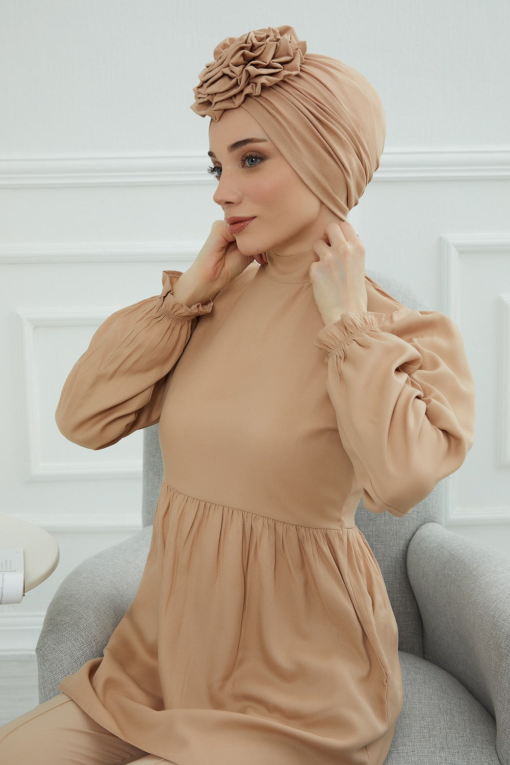 Chic Rose Accent Instant Turban Hijab for Women, Cotton Scarf Chemo Head Wrap, Plain Bonnet Cap with a Beautiful Big Handmade Rose,B-21 Sand Brown