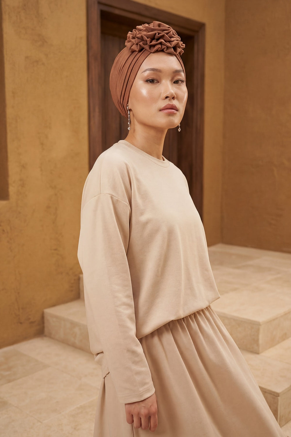 Chic Rose Accent Instant Turban Hijab for Women, Cotton Scarf Chemo Head Wrap, Plain Bonnet Cap with a Beautiful Big Handmade Rose,B-21 Caramel Brown