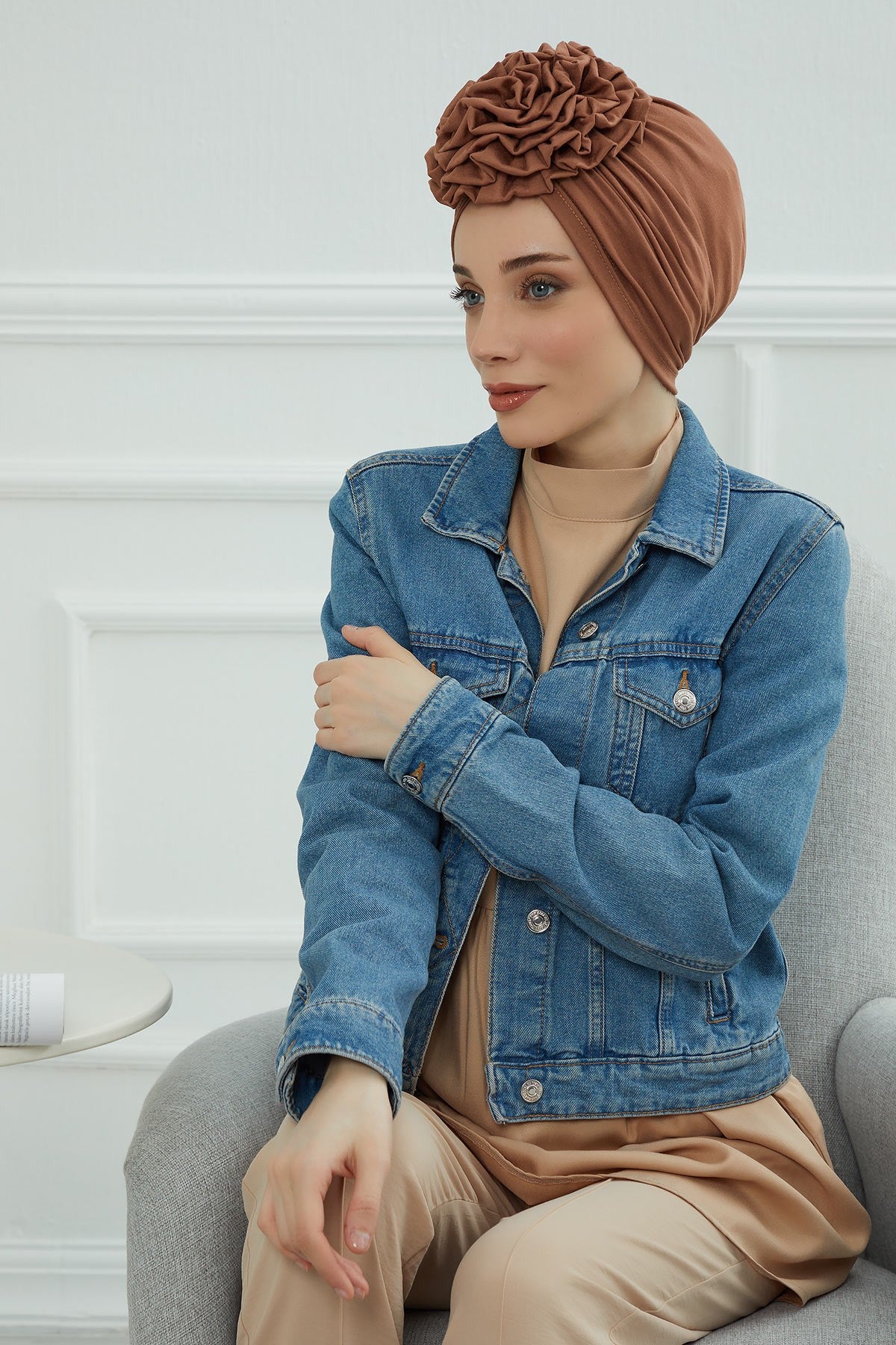 Chic Rose Accent Instant Turban Hijab for Women, Cotton Scarf Chemo Head Wrap, Plain Bonnet Cap with a Beautiful Big Handmade Rose,B-21 Caramel Brown
