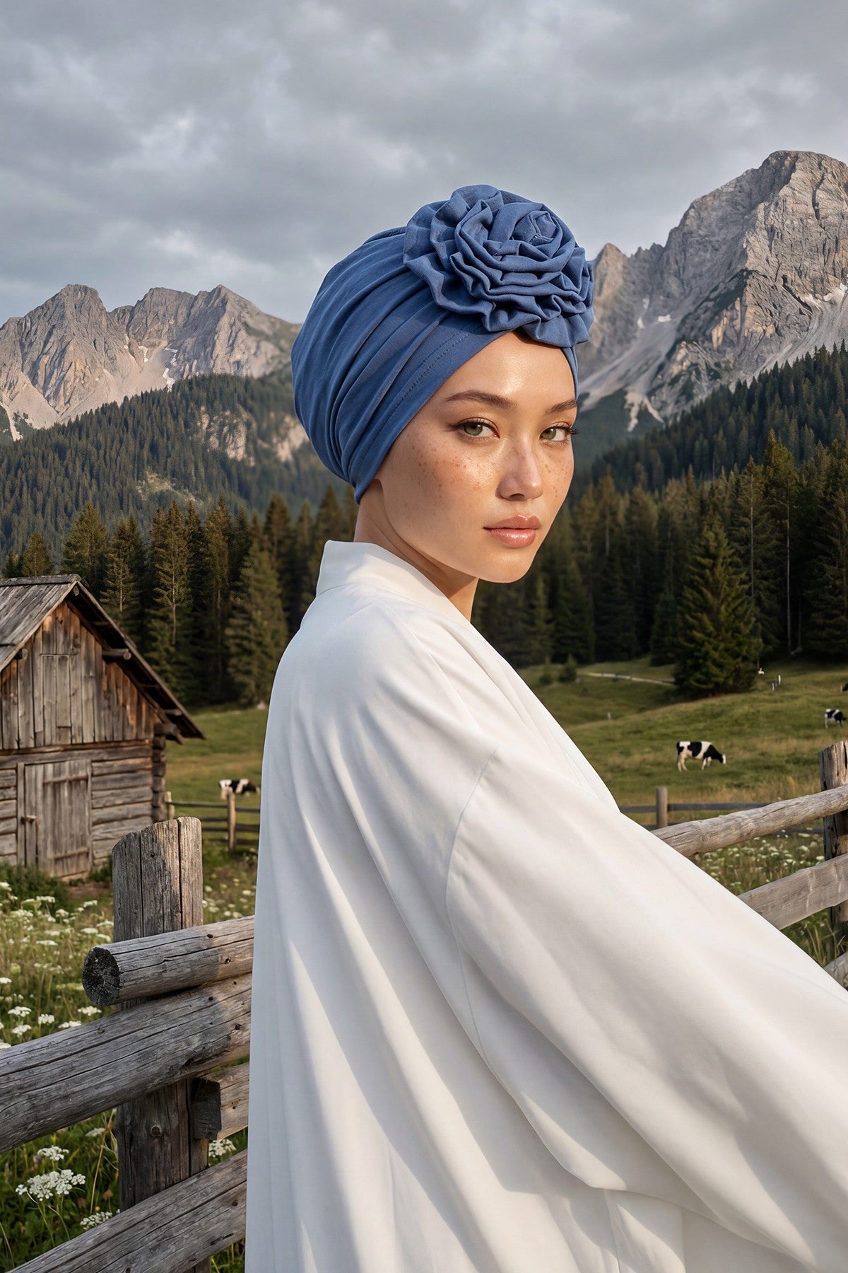 Chic Rose Accent Instant Turban Hijab for Women, Cotton Scarf Chemo Head Wrap, Plain Bonnet Cap with a Beautiful Big Handmade Rose,B-21 İndigo