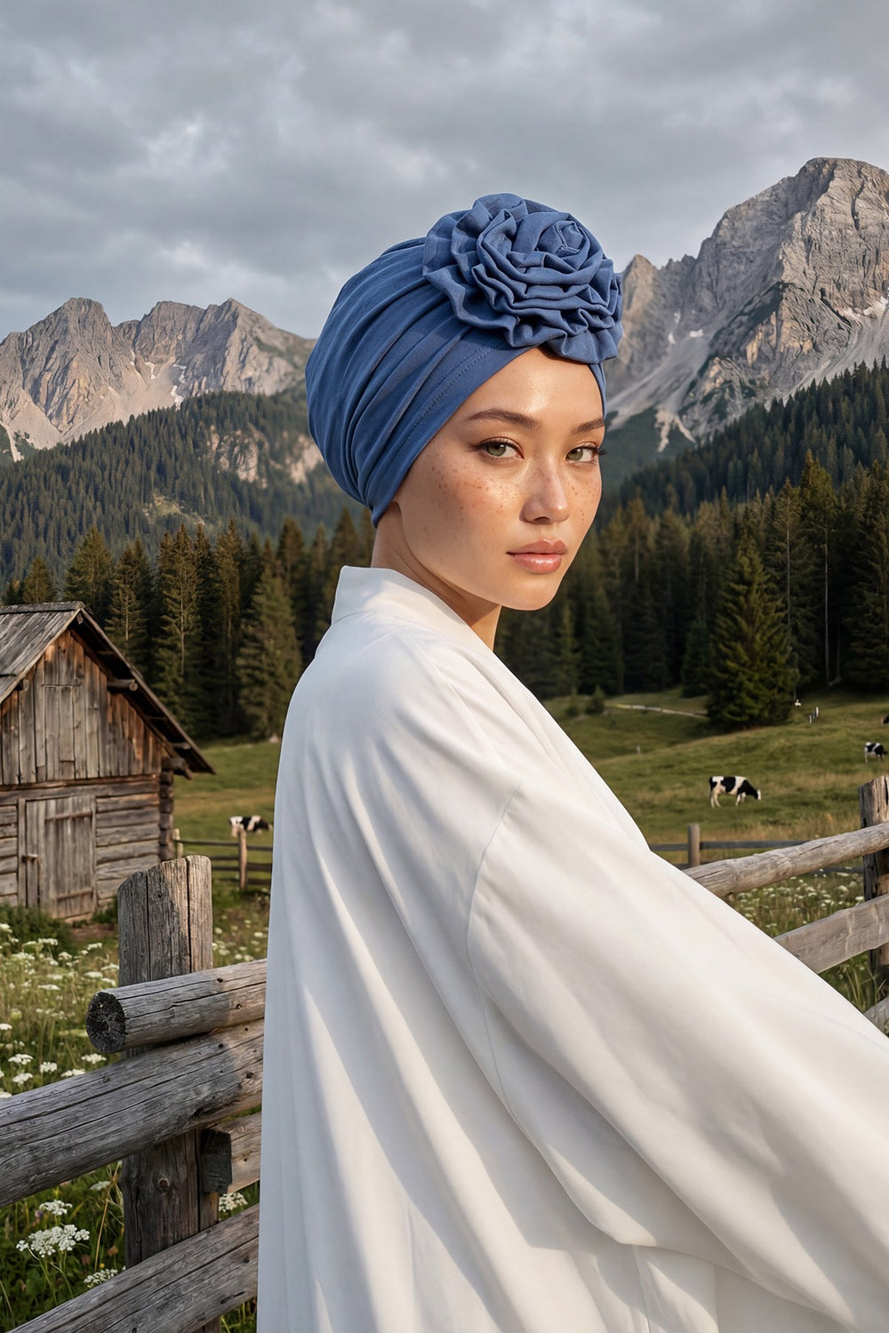 Chic Rose Accent Instant Turban Hijab for Women, Cotton Scarf Chemo Head Wrap, Plain Bonnet Cap with a Beautiful Big Handmade Rose,B-21 İndigo