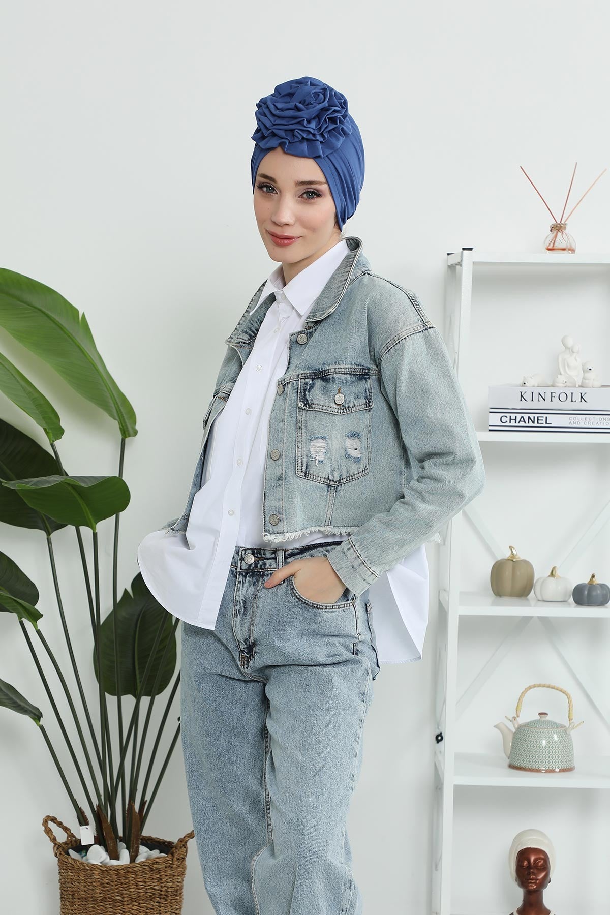 Chic Rose Accent Instant Turban Hijab for Women, Cotton Scarf Chemo Head Wrap, Plain Bonnet Cap with a Beautiful Big Handmade Rose,B-21 İndigo
