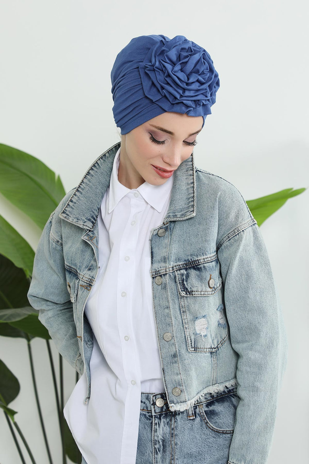 Chic Rose Accent Instant Turban Hijab for Women, Cotton Scarf Chemo Head Wrap, Plain Bonnet Cap with a Beautiful Big Handmade Rose,B-21 İndigo