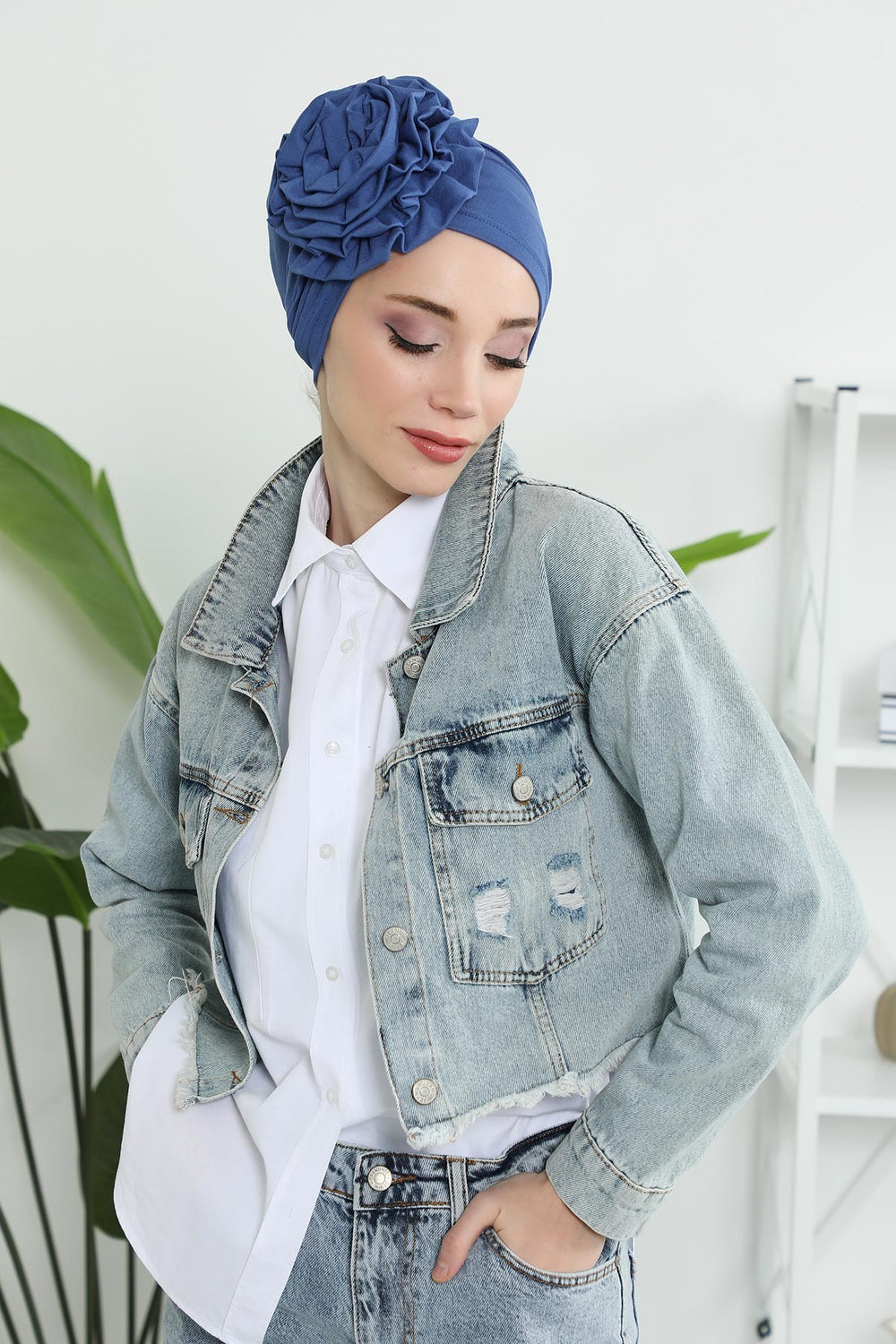 Chic Rose Accent Instant Turban Hijab for Women, Cotton Scarf Chemo Head Wrap, Plain Bonnet Cap with a Beautiful Big Handmade Rose,B-21 İndigo