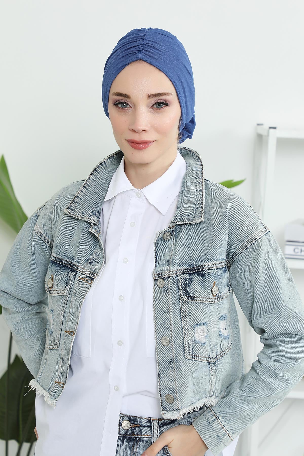 Chic Rose Accent Instant Turban Hijab for Women, Cotton Scarf Chemo Head Wrap, Plain Bonnet Cap with a Beautiful Big Handmade Rose,B-21 İndigo