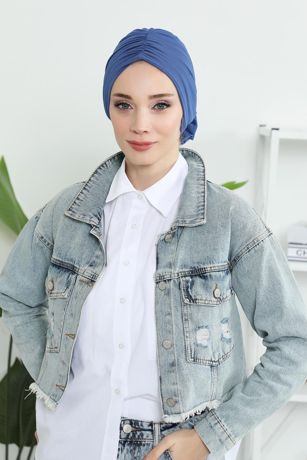 Chic Rose Accent Instant Turban Hijab for Women, Cotton Scarf Chemo Head Wrap, Plain Bonnet Cap with a Beautiful Big Handmade Rose,B-21 İndigo