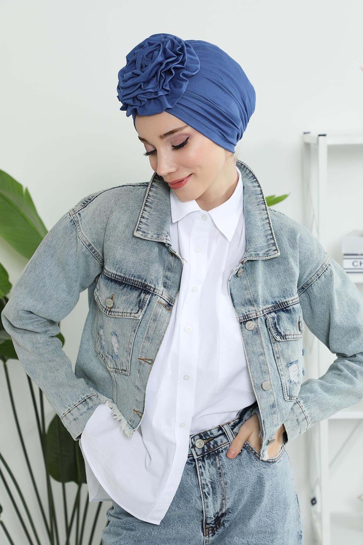 Chic Rose Accent Instant Turban Hijab for Women, Cotton Scarf Chemo Head Wrap, Plain Bonnet Cap with a Beautiful Big Handmade Rose,B-21 İndigo