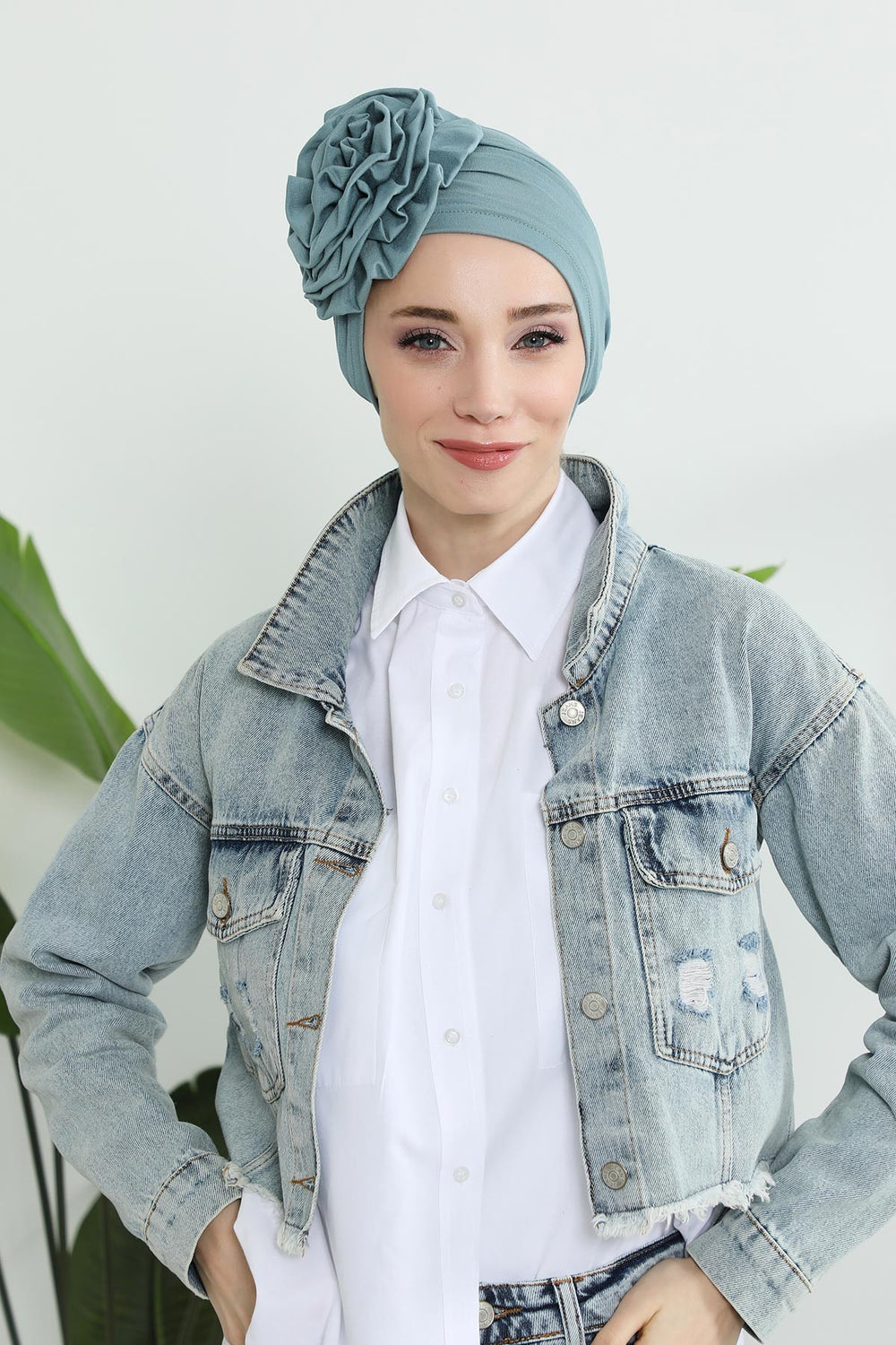 Chic Rose Accent Instant Turban Hijab for Women, Cotton Scarf Chemo Head Wrap, Plain Bonnet Cap with a Beautiful Big Handmade Rose,B-21 Dark Mint