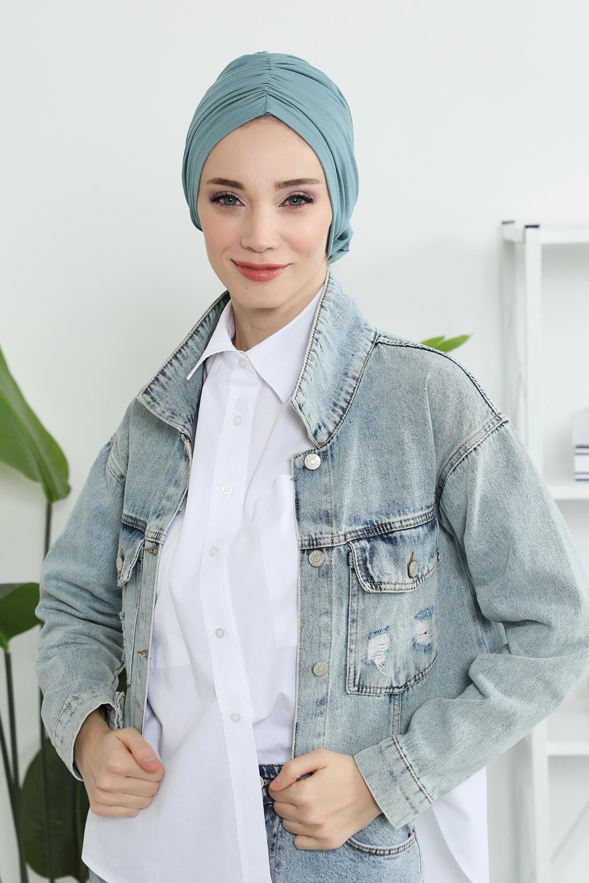 Chic Rose Accent Instant Turban Hijab for Women, Cotton Scarf Chemo Head Wrap, Plain Bonnet Cap with a Beautiful Big Handmade Rose,B-21 Dark Mint