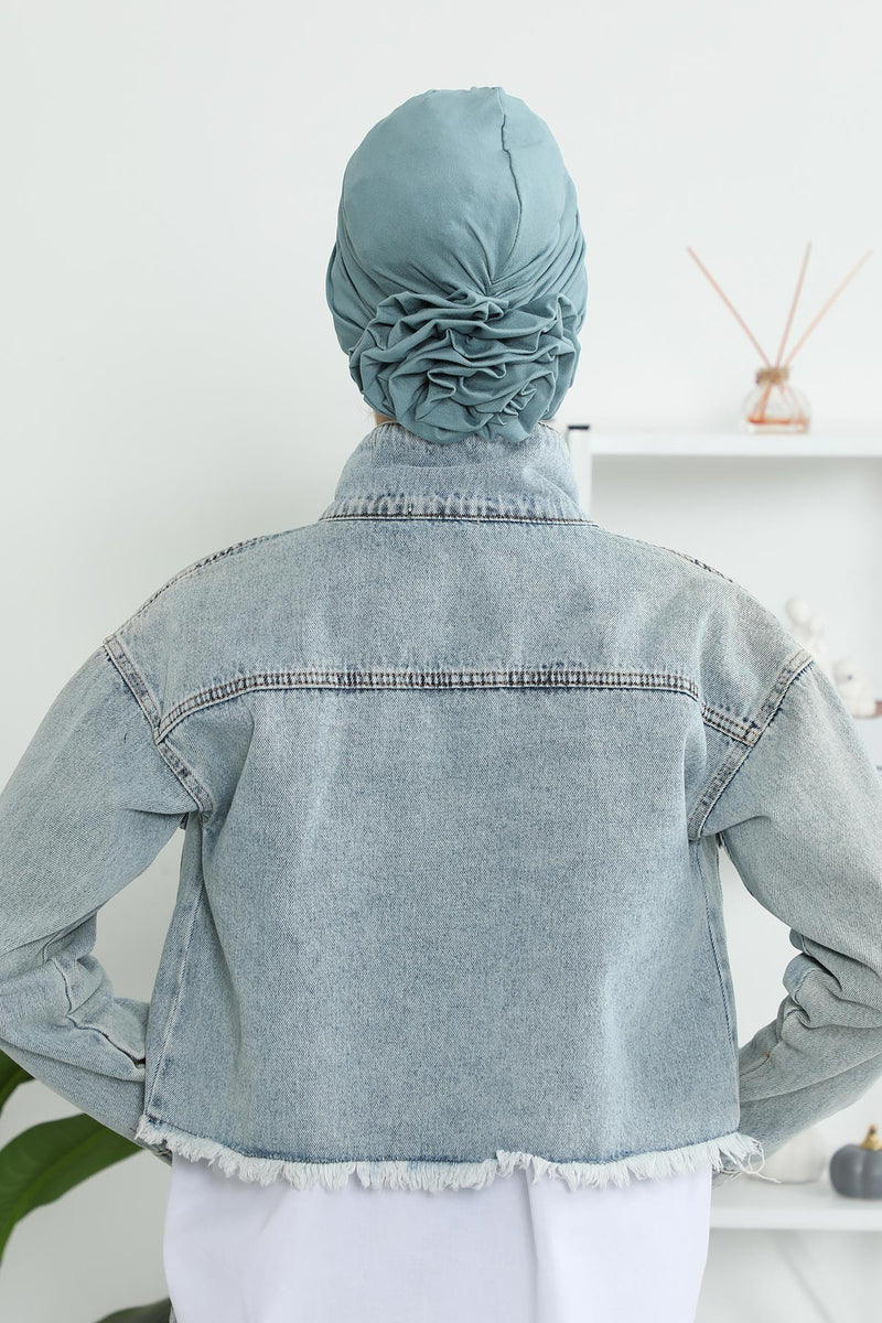 حجاب عمامة فوري أنيق باللون الوردي للنساء، وشاح قطني لف الرأس الكيميائي، قبعة بونيه سادة مع وردة كبيرة جميلة مصنوعة يدويًا، B-21