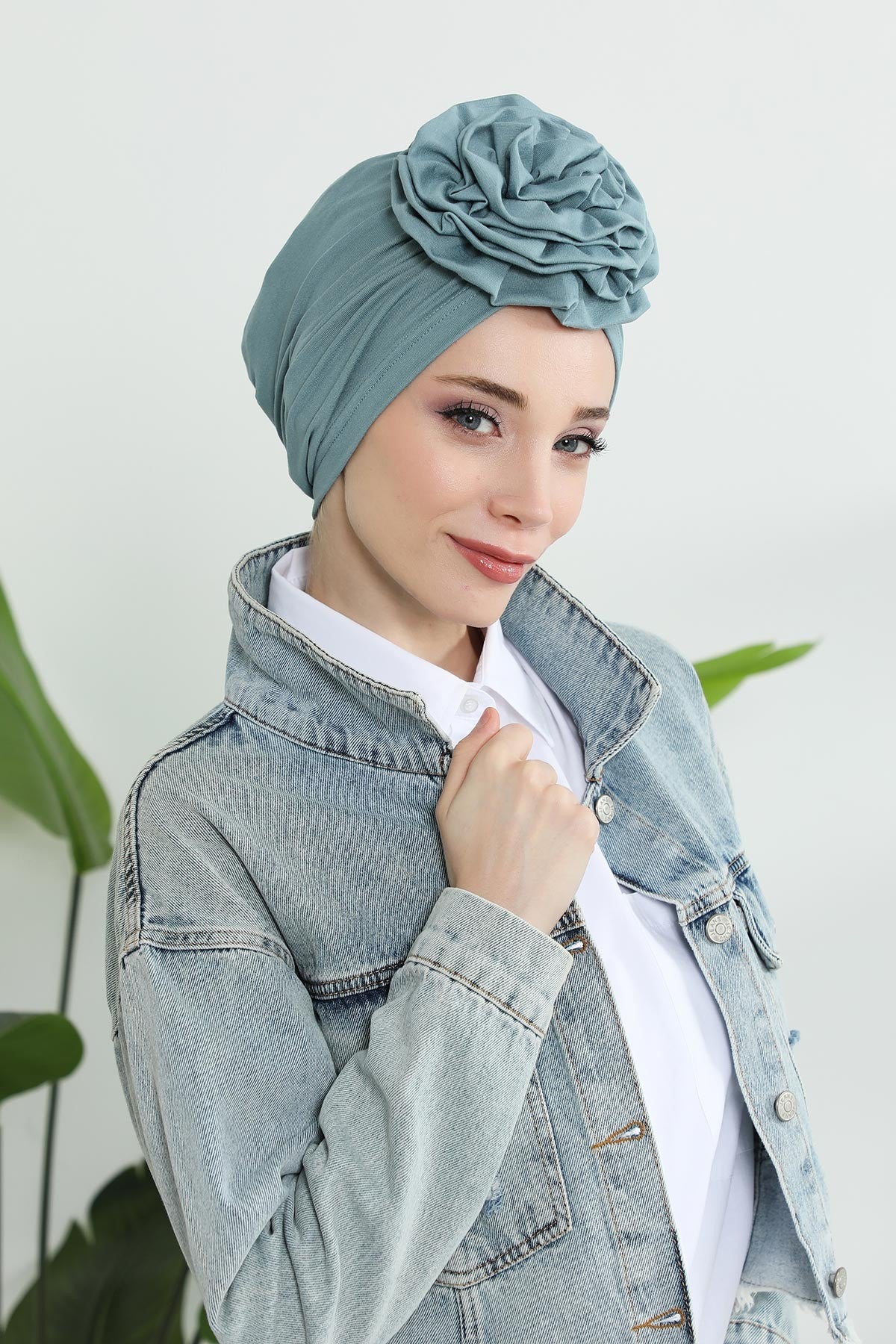 Chic Rose Accent Instant Turban Hijab for Women, Cotton Scarf Chemo Head Wrap, Plain Bonnet Cap with a Beautiful Big Handmade Rose,B-21 Dark Mint