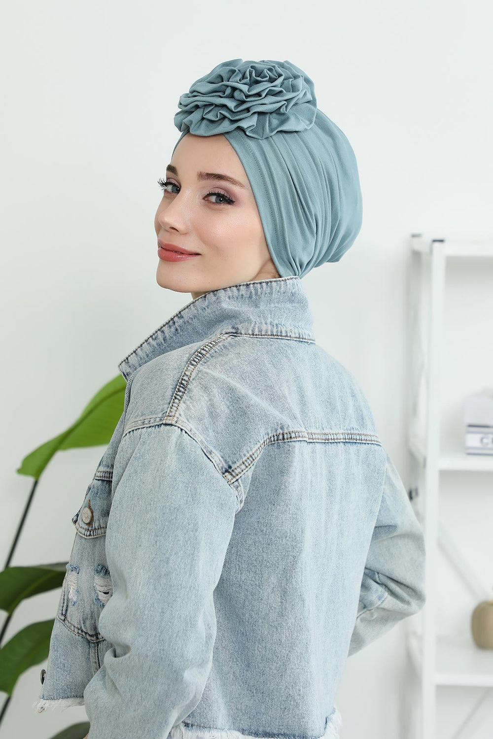 Chic Rose Accent Instant Turban Hijab for Women, Cotton Scarf Chemo Head Wrap, Plain Bonnet Cap with a Beautiful Big Handmade Rose,B-21 Dark Mint