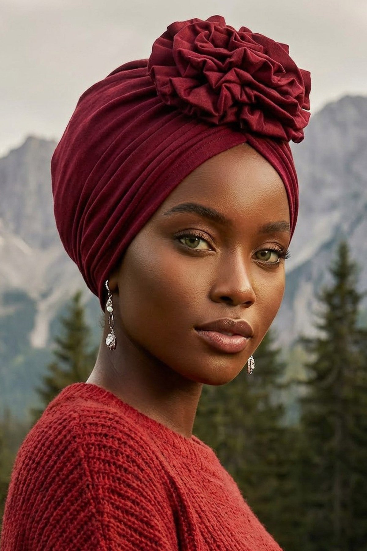Chic Rose Accent Instant Turban Hijab for Women, Cotton Scarf Chemo Head Wrap, Plain Bonnet Cap with a Beautiful Big Handmade Rose,B-21 Maroon