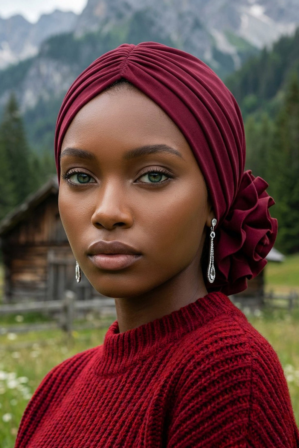 Chic Rose Accent Instant Turban Hijab for Women, Cotton Scarf Chemo Head Wrap, Plain Bonnet Cap with a Beautiful Big Handmade Rose,B-21 Maroon
