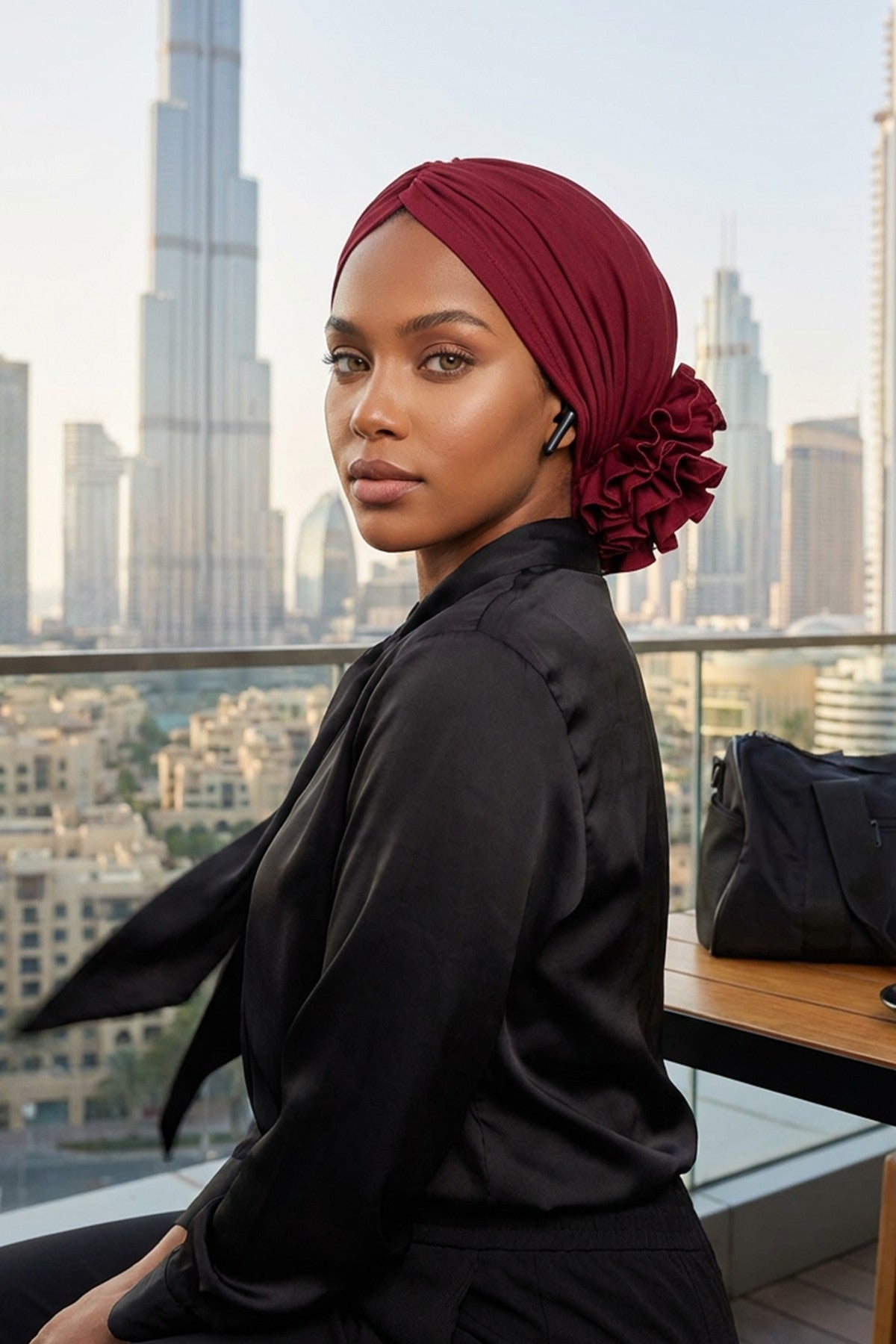 Chic Rose Accent Instant Turban Hijab for Women, Cotton Scarf Chemo Head Wrap, Plain Bonnet Cap with a Beautiful Big Handmade Rose,B-21 Maroon