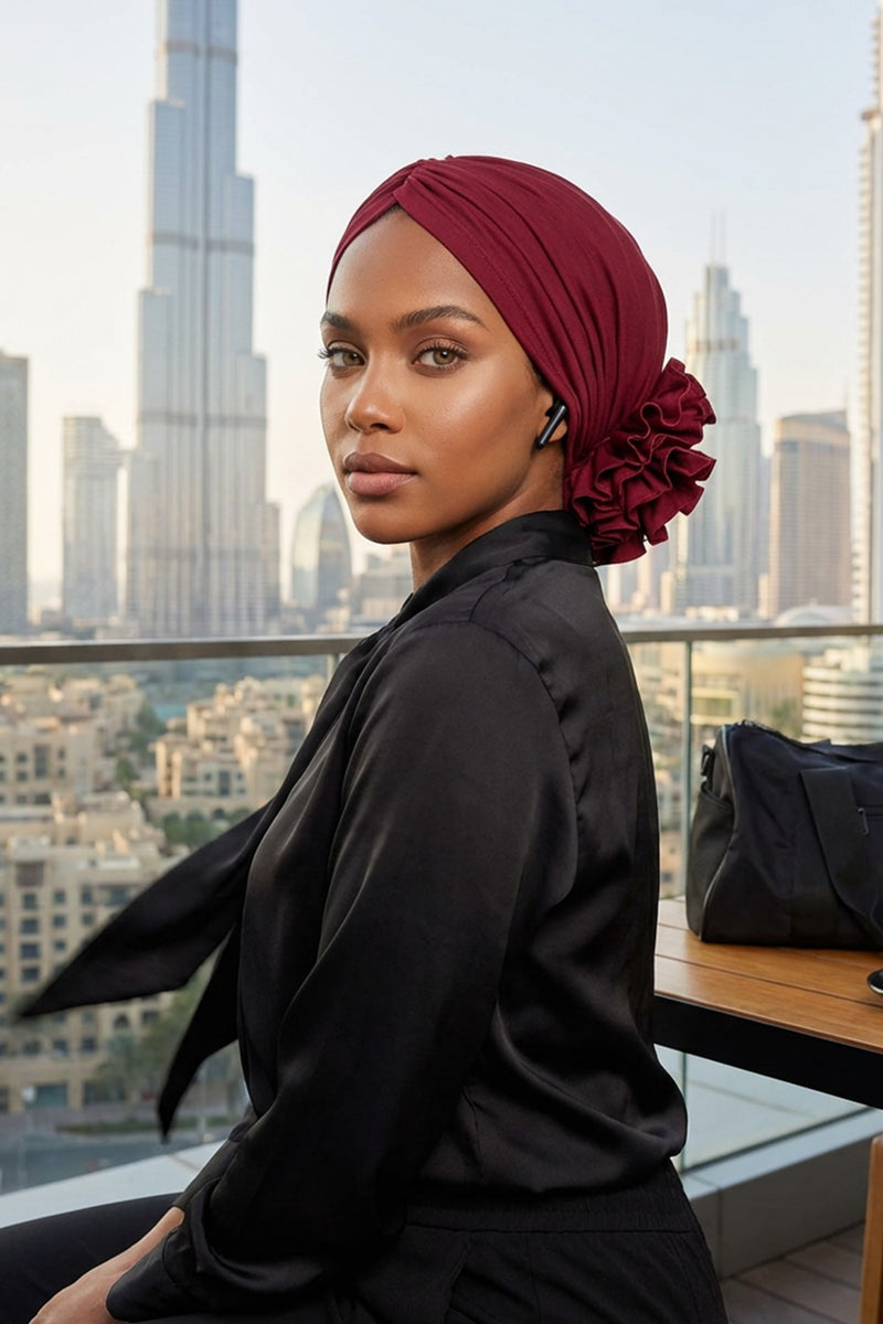 حجاب عمامة فوري أنيق باللون الوردي للنساء، وشاح قطني لف الرأس الكيميائي، قبعة بونيه سادة مع وردة كبيرة جميلة مصنوعة يدويًا، B-21