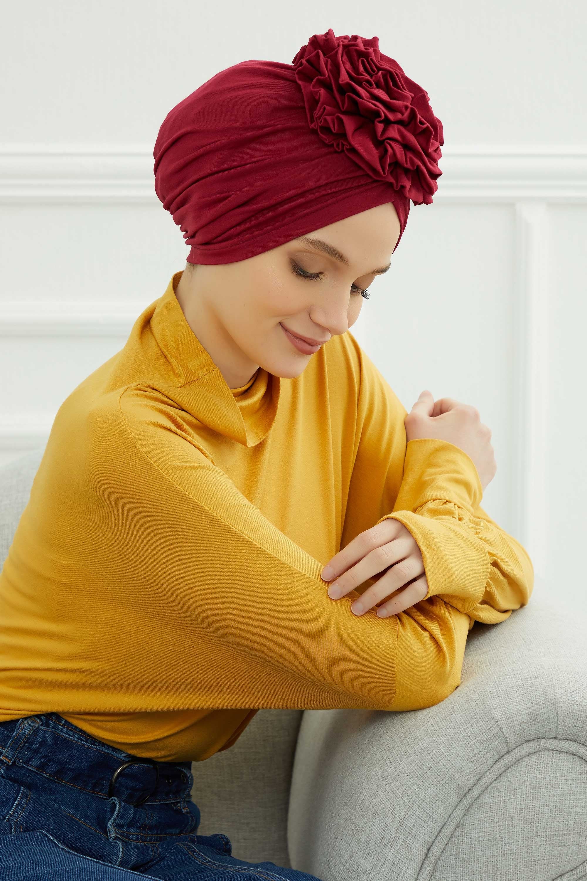 Chic Rose Accent Instant Turban Hijab for Women, Cotton Scarf Chemo Head Wrap, Plain Bonnet Cap with a Beautiful Big Handmade Rose,B-21 Maroon