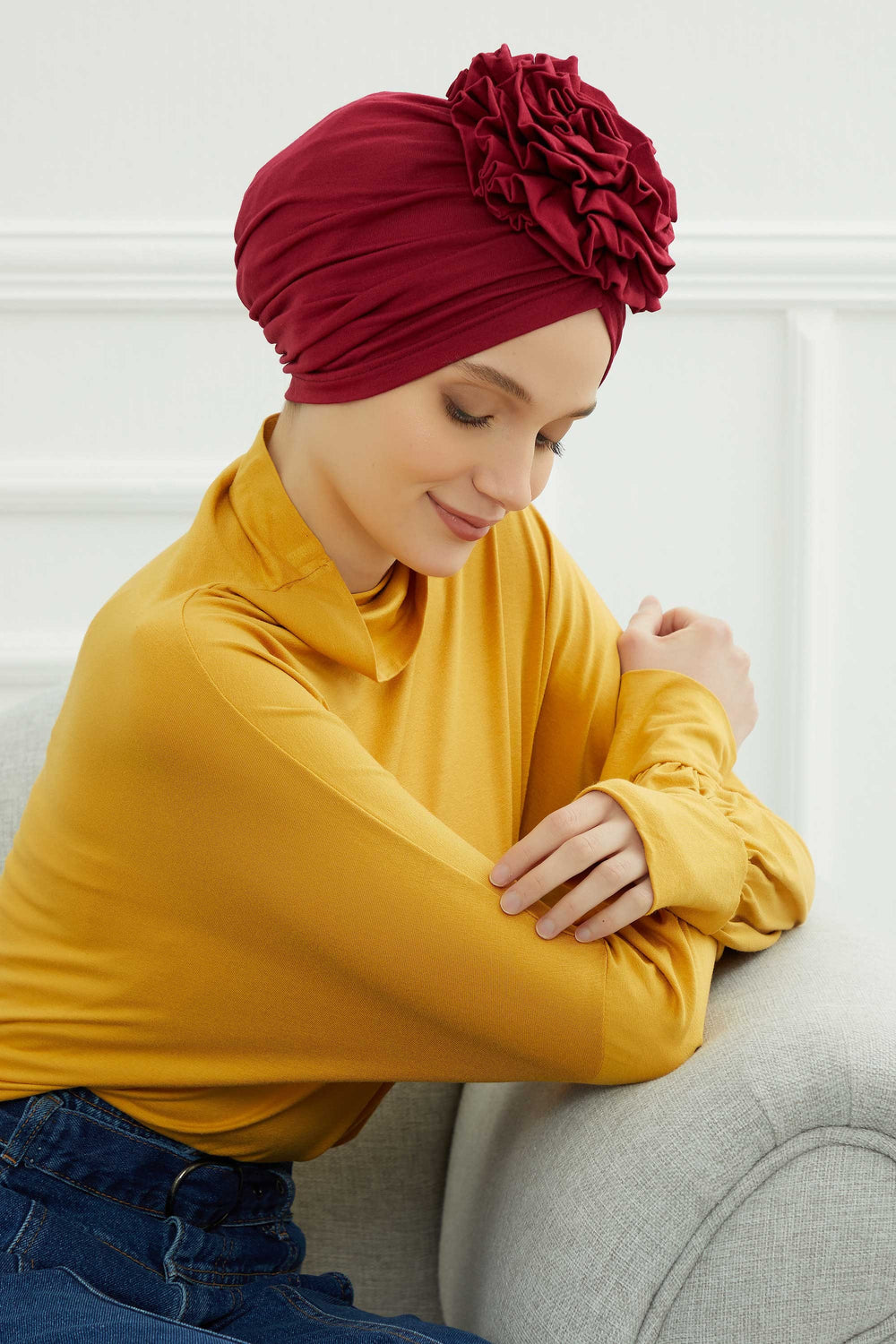 Chic Rose Accent Instant Turban Hijab for Women, Cotton Scarf Chemo Head Wrap, Plain Bonnet Cap with a Beautiful Big Handmade Rose,B-21 Maroon