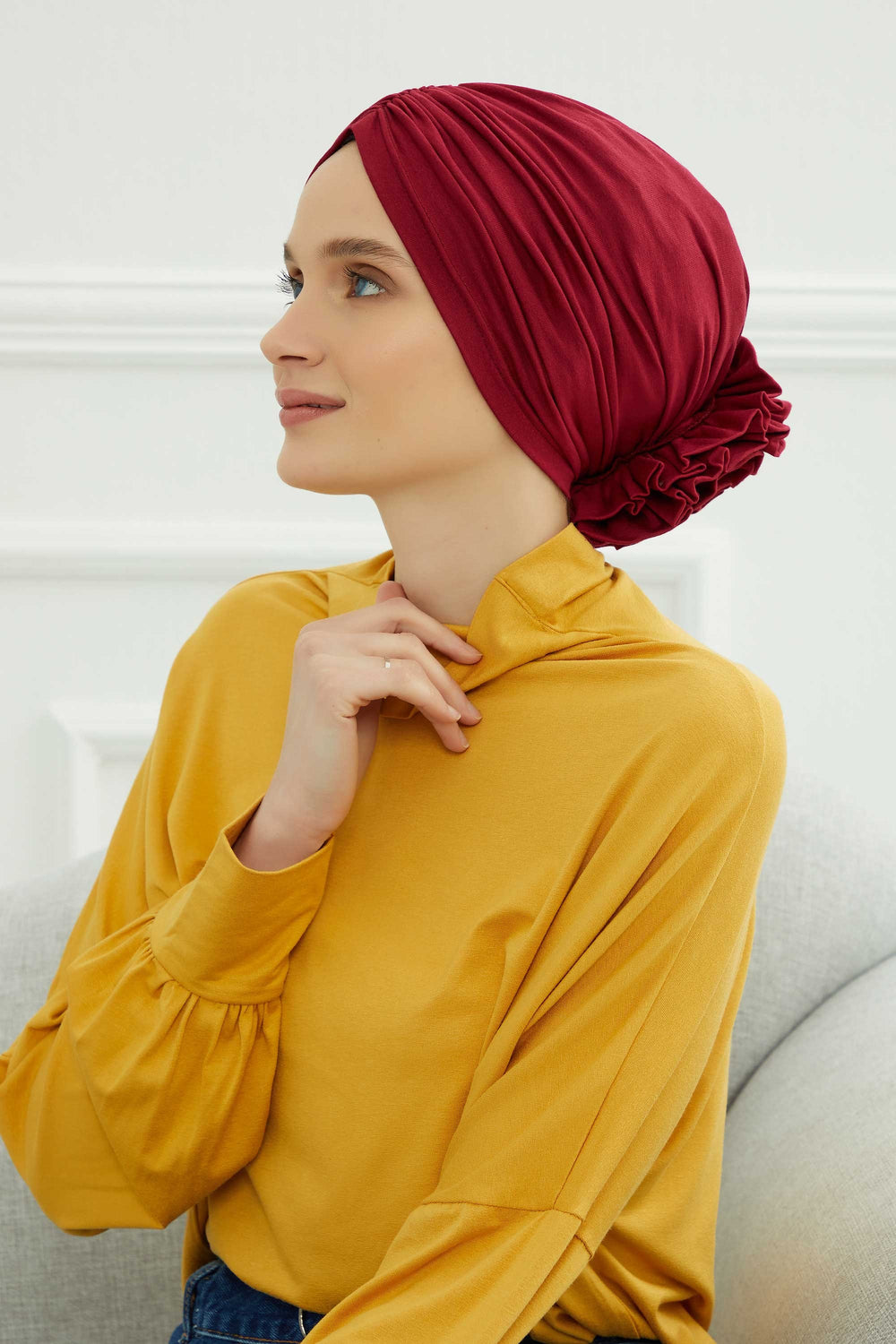Chic Rose Accent Instant Turban Hijab for Women, Cotton Scarf Chemo Head Wrap, Plain Bonnet Cap with a Beautiful Big Handmade Rose,B-21 Maroon