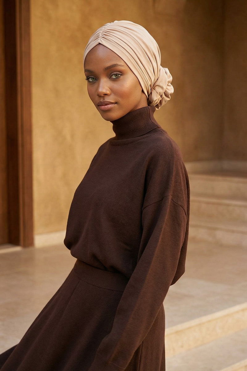 حجاب عمامة فوري أنيق باللون الوردي للنساء، وشاح قطني لف الرأس الكيميائي، قبعة بونيه سادة مع وردة كبيرة جميلة مصنوعة يدويًا، B-21