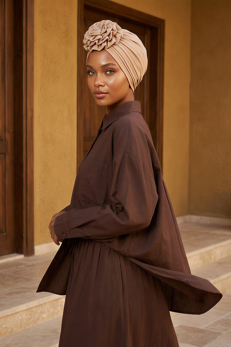 حجاب عمامة فوري أنيق باللون الوردي للنساء، وشاح قطني لف الرأس الكيميائي، قبعة بونيه سادة مع وردة كبيرة جميلة مصنوعة يدويًا، B-21