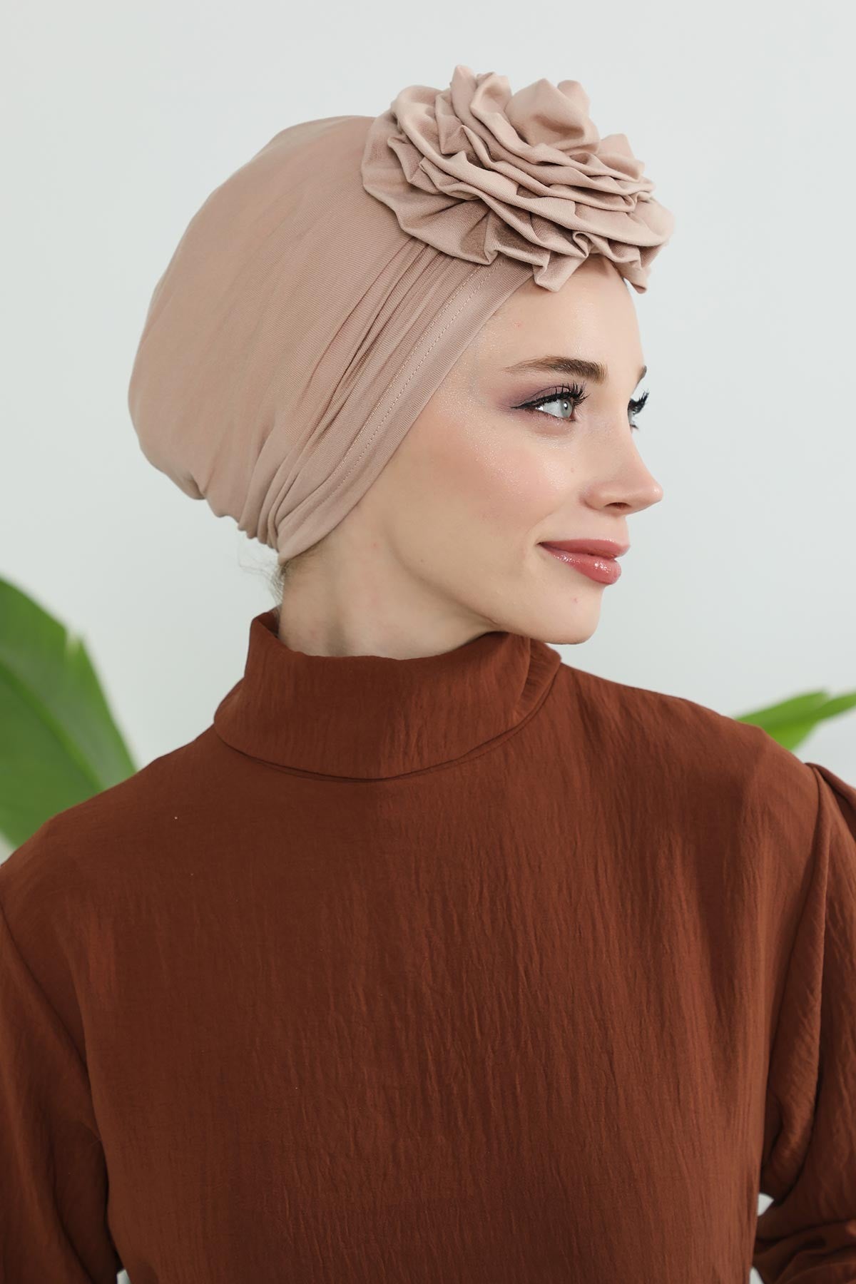 Chic Rose Accent Instant Turban Hijab for Women, Cotton Scarf Chemo Head Wrap, Plain Bonnet Cap with a Beautiful Big Handmade Rose,B-21 Light Mink