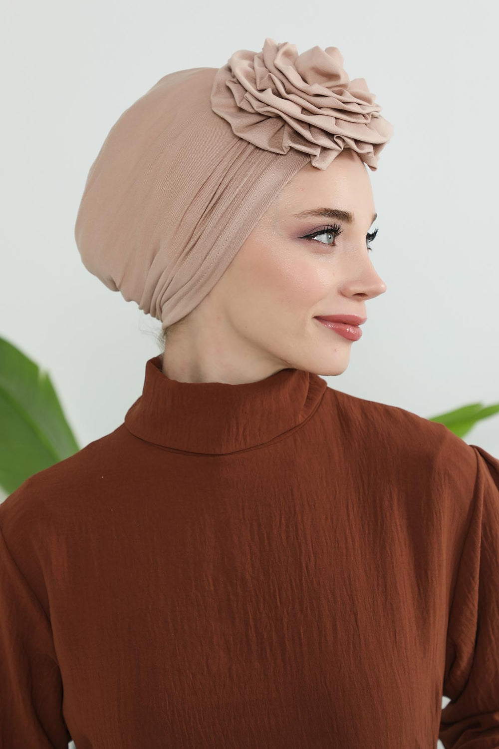 Chic Rose Accent Instant Turban Hijab for Women, Cotton Scarf Chemo Head Wrap, Plain Bonnet Cap with a Beautiful Big Handmade Rose,B-21 Light Mink