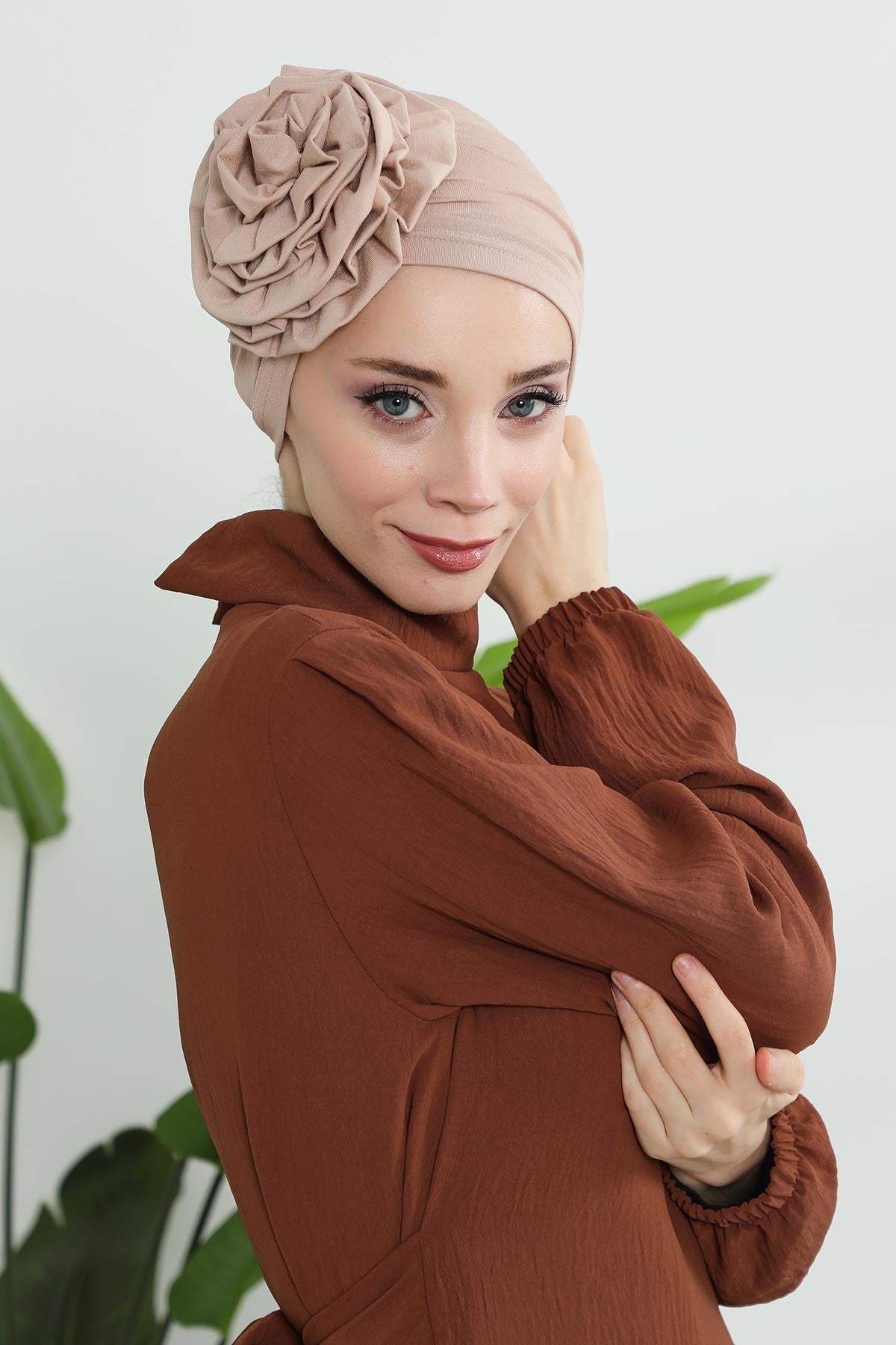 Chic Rose Accent Instant Turban Hijab for Women, Cotton Scarf Chemo Head Wrap, Plain Bonnet Cap with a Beautiful Big Handmade Rose,B-21 Light Mink