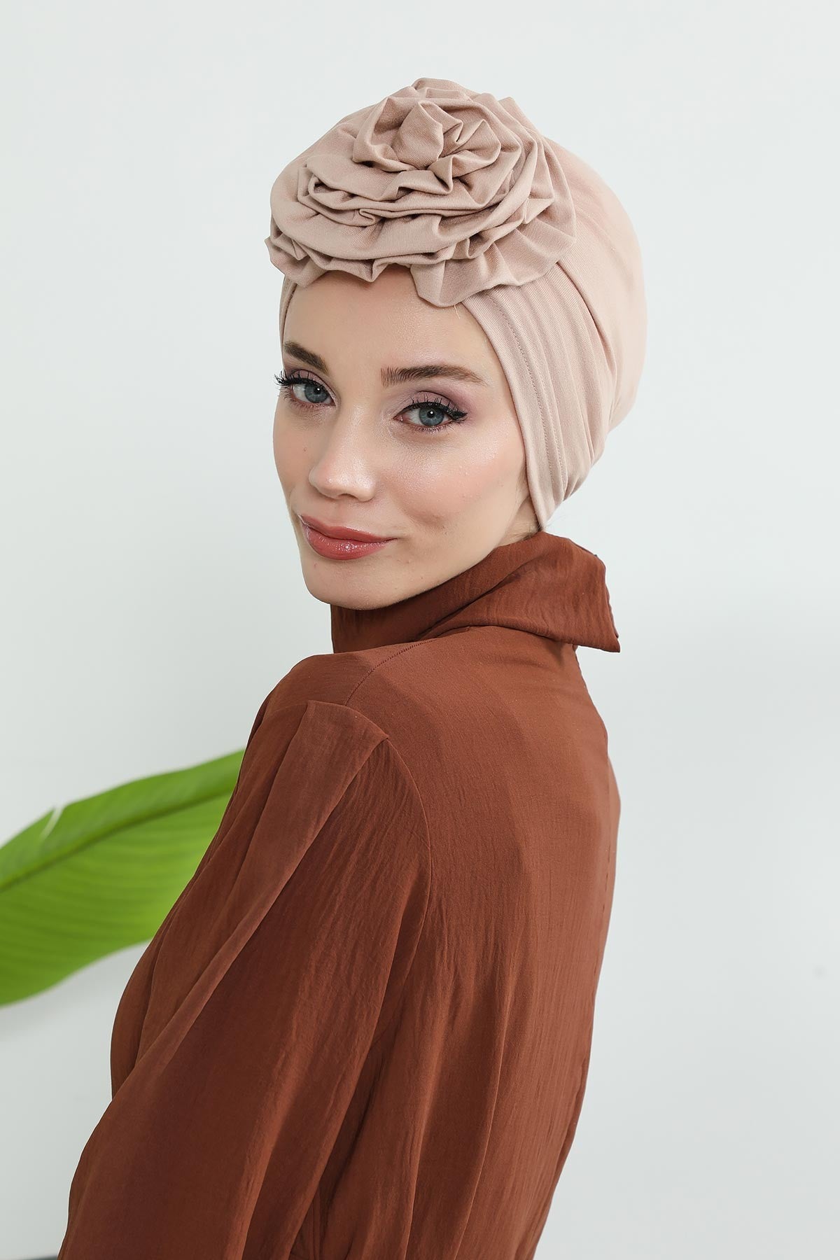 Chic Rose Accent Instant Turban Hijab for Women, Cotton Scarf Chemo Head Wrap, Plain Bonnet Cap with a Beautiful Big Handmade Rose,B-21 Light Mink