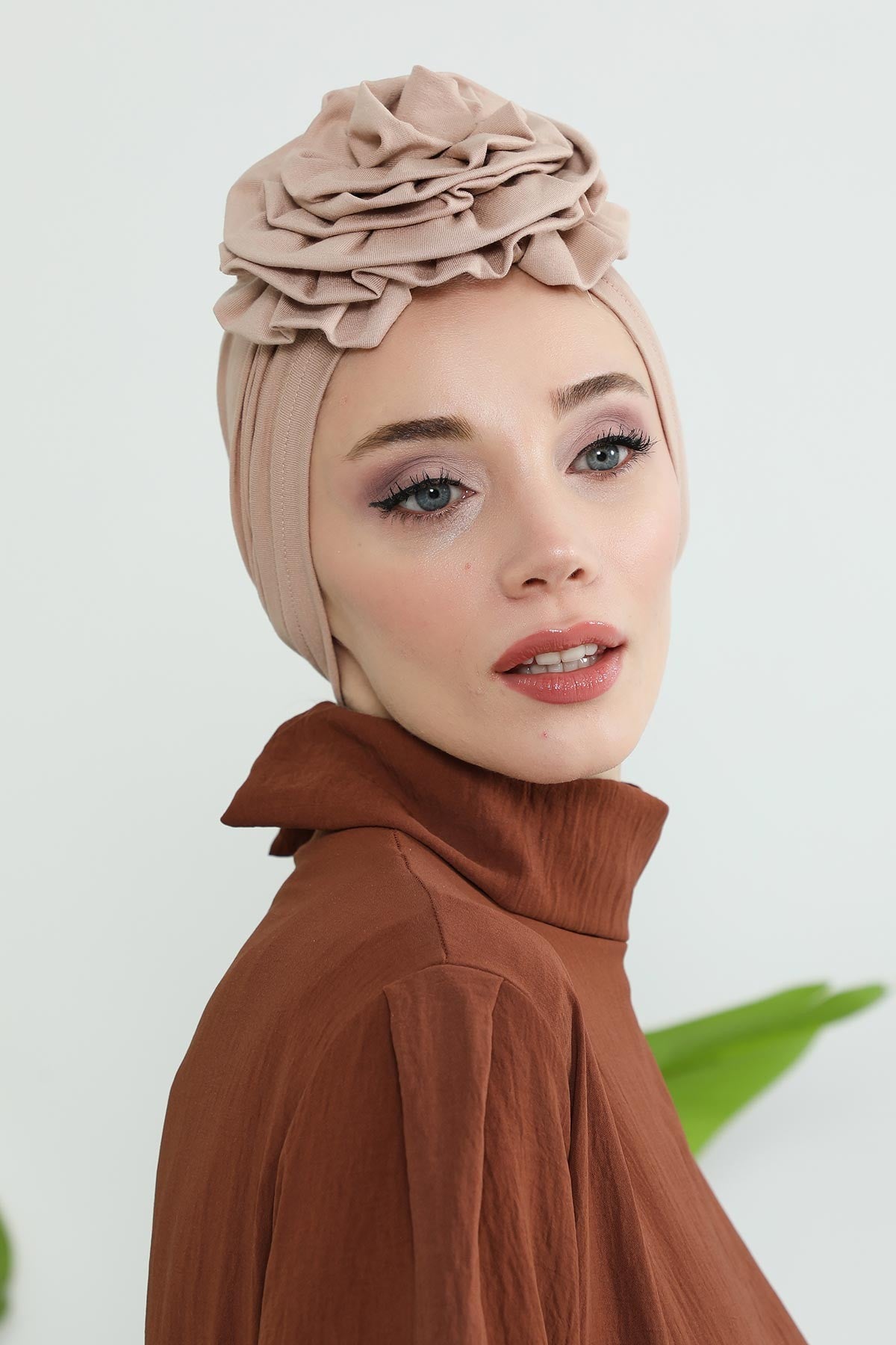 Chic Rose Accent Instant Turban Hijab for Women, Cotton Scarf Chemo Head Wrap, Plain Bonnet Cap with a Beautiful Big Handmade Rose,B-21 Light Mink