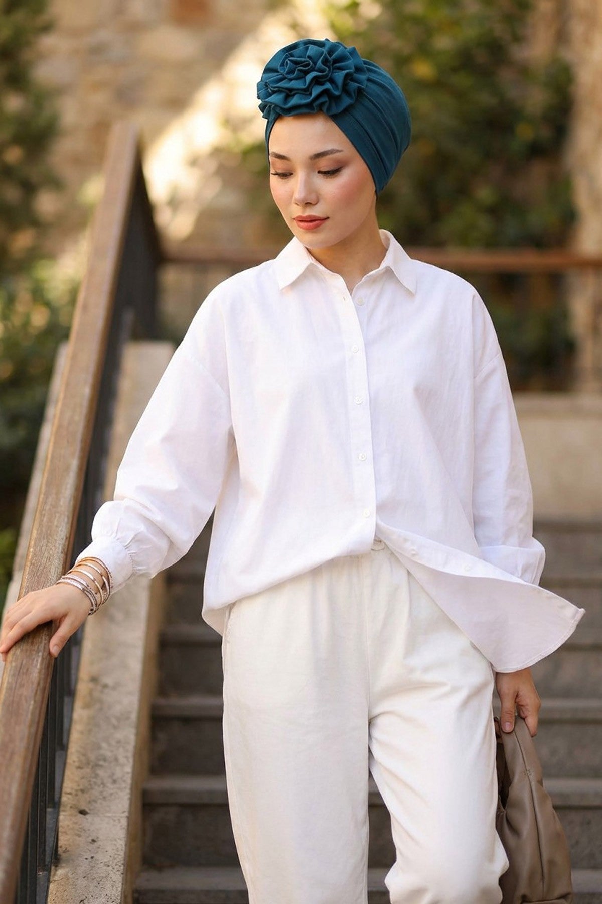 Chic Rose Accent Instant Turban Hijab for Women, Cotton Scarf Chemo Head Wrap, Plain Bonnet Cap with a Beautiful Big Handmade Rose,B-21 Petrol Blue