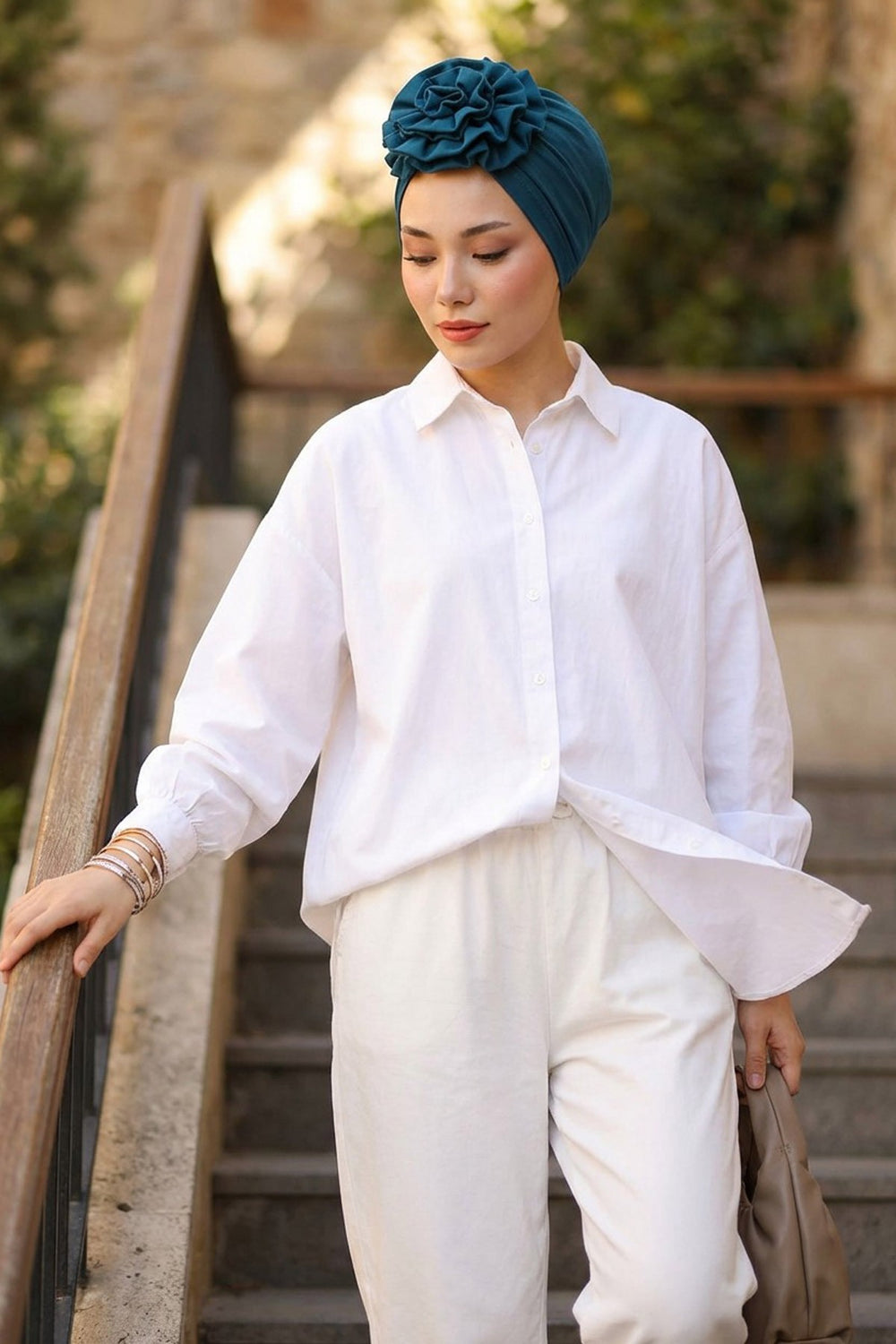Chic Rose Accent Instant Turban Hijab for Women, Cotton Scarf Chemo Head Wrap, Plain Bonnet Cap with a Beautiful Big Handmade Rose,B-21 Petrol Blue