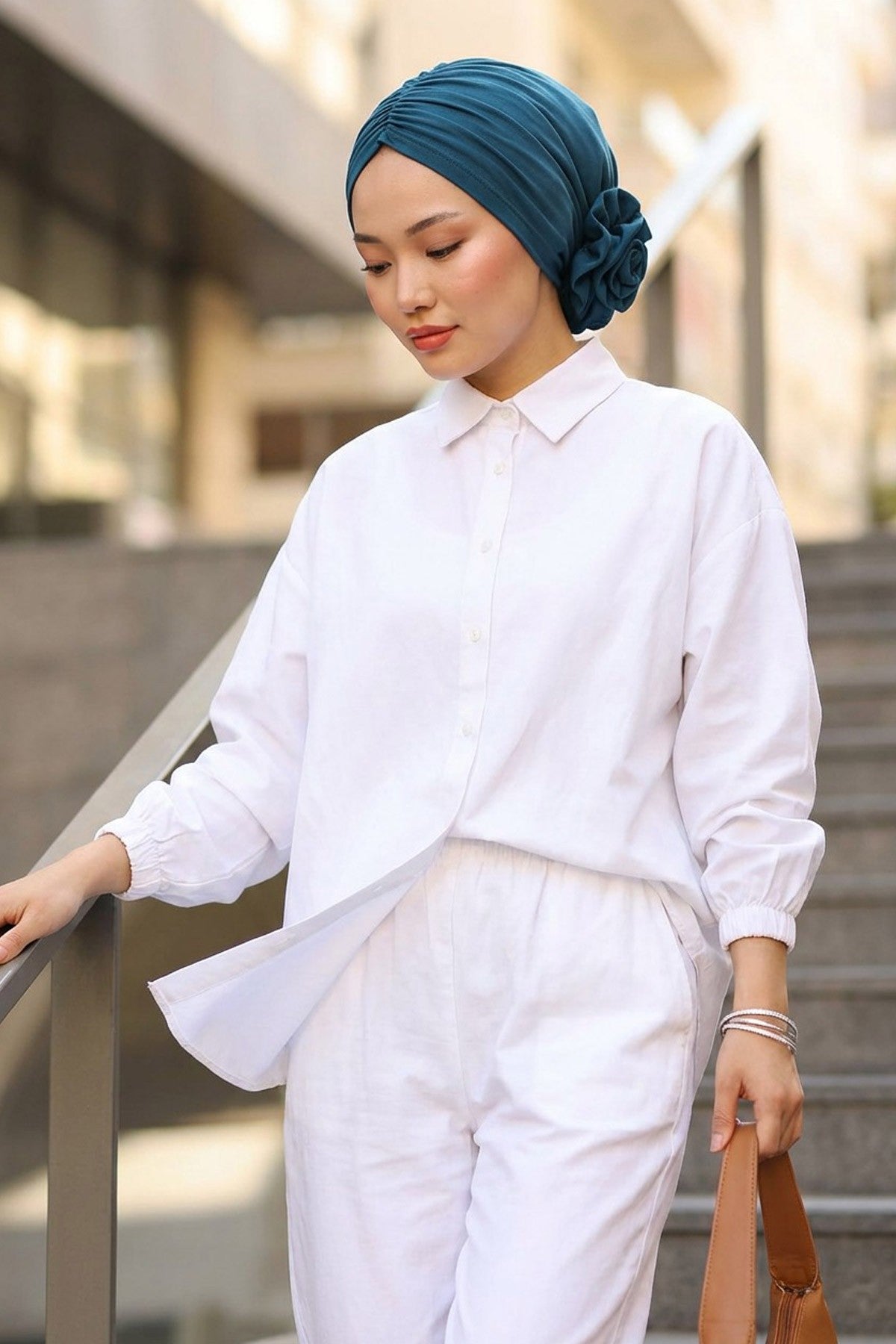 Chic Rose Accent Instant Turban Hijab for Women, Cotton Scarf Chemo Head Wrap, Plain Bonnet Cap with a Beautiful Big Handmade Rose,B-21 Petrol Blue