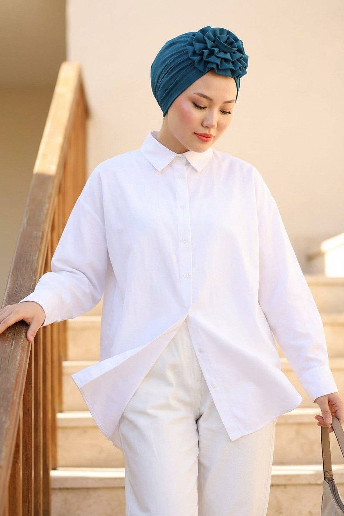 Chic Rose Accent Instant Turban Hijab for Women, Cotton Scarf Chemo Head Wrap, Plain Bonnet Cap with a Beautiful Big Handmade Rose,B-21 Petrol Blue