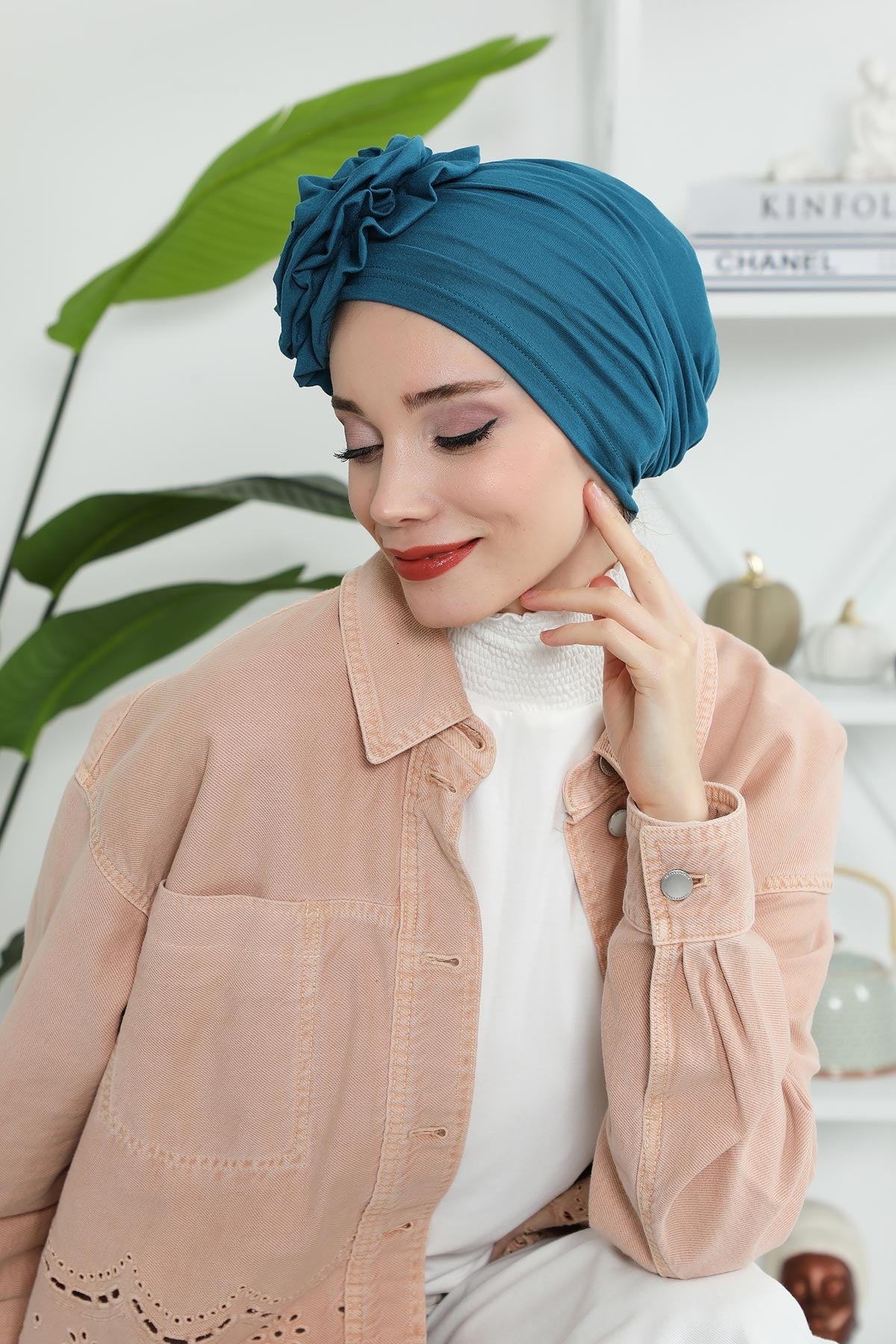 Chic Rose Accent Instant Turban Hijab for Women, Cotton Scarf Chemo Head Wrap, Plain Bonnet Cap with a Beautiful Big Handmade Rose,B-21 Petrol Blue