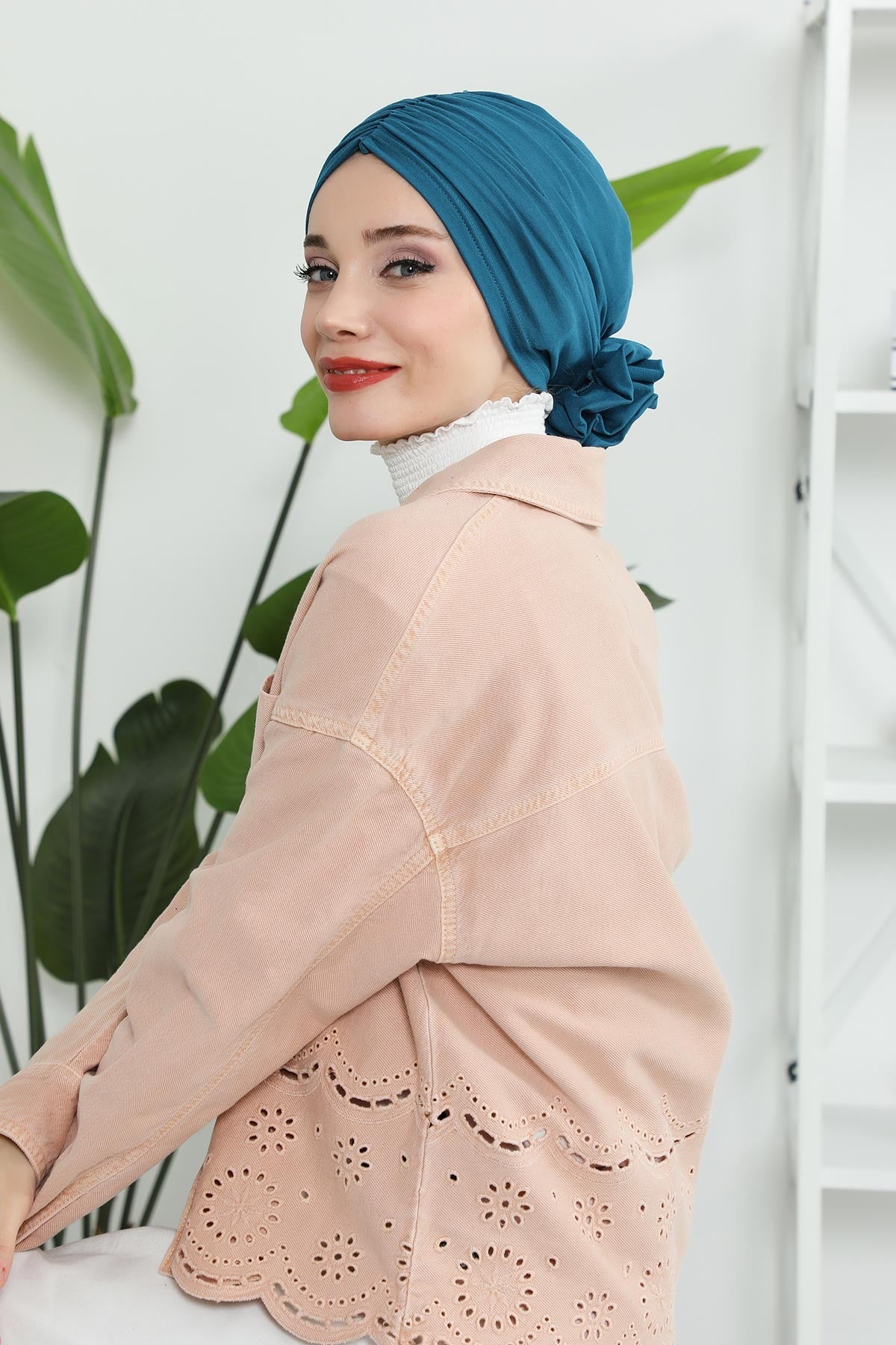 Chic Rose Accent Instant Turban Hijab for Women, Cotton Scarf Chemo Head Wrap, Plain Bonnet Cap with a Beautiful Big Handmade Rose,B-21 Petrol Blue