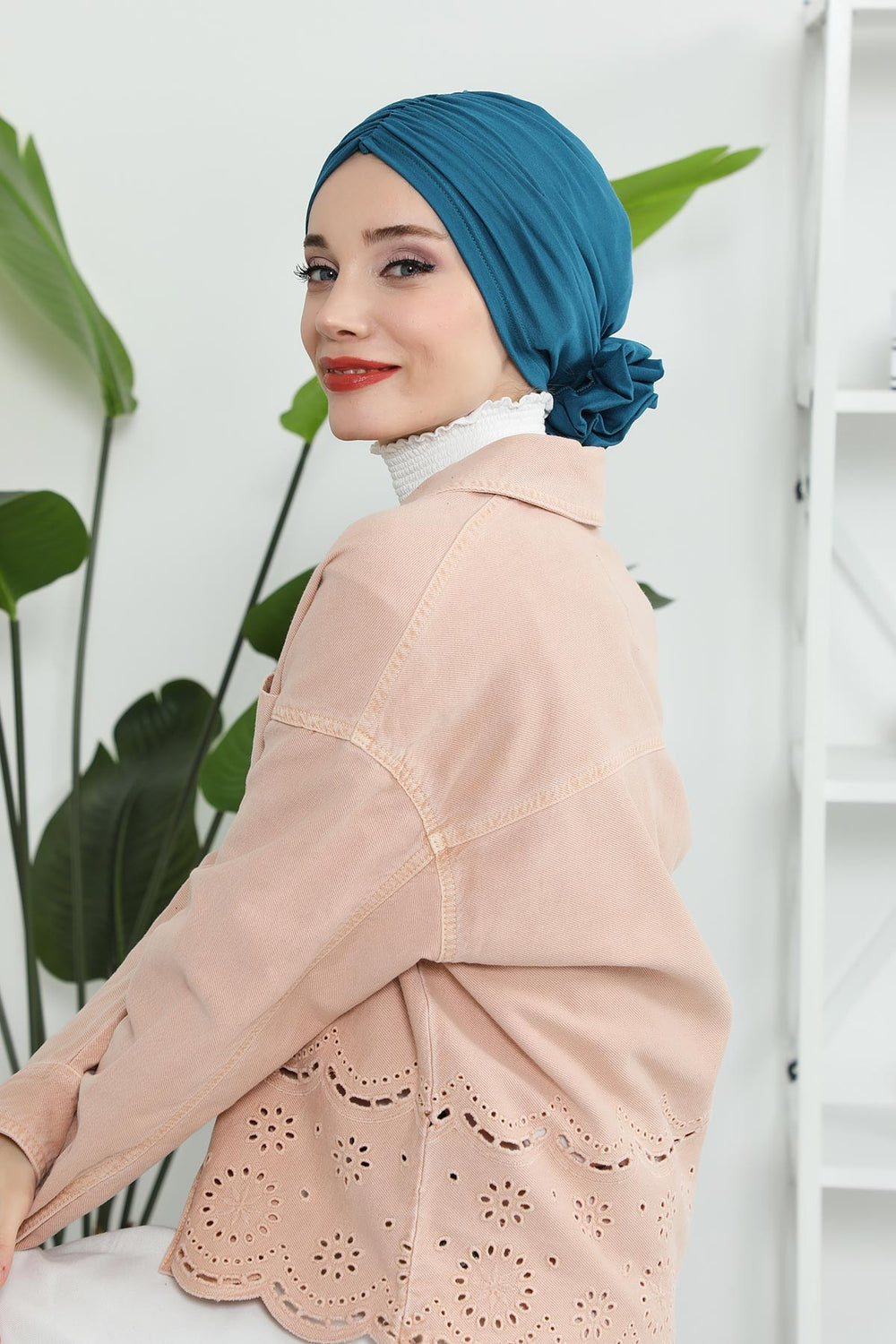 Chic Rose Accent Instant Turban Hijab for Women, Cotton Scarf Chemo Head Wrap, Plain Bonnet Cap with a Beautiful Big Handmade Rose,B-21 Petrol Blue