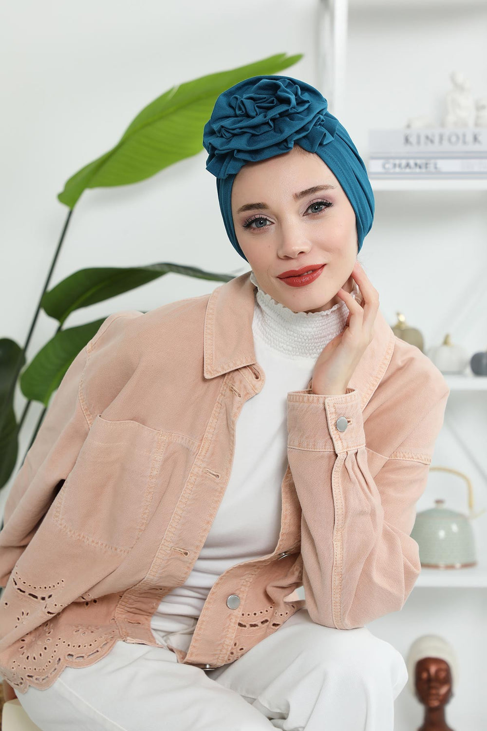 Chic Rose Accent Instant Turban Hijab for Women, Cotton Scarf Chemo Head Wrap, Plain Bonnet Cap with a Beautiful Big Handmade Rose,B-21 Petrol Blue