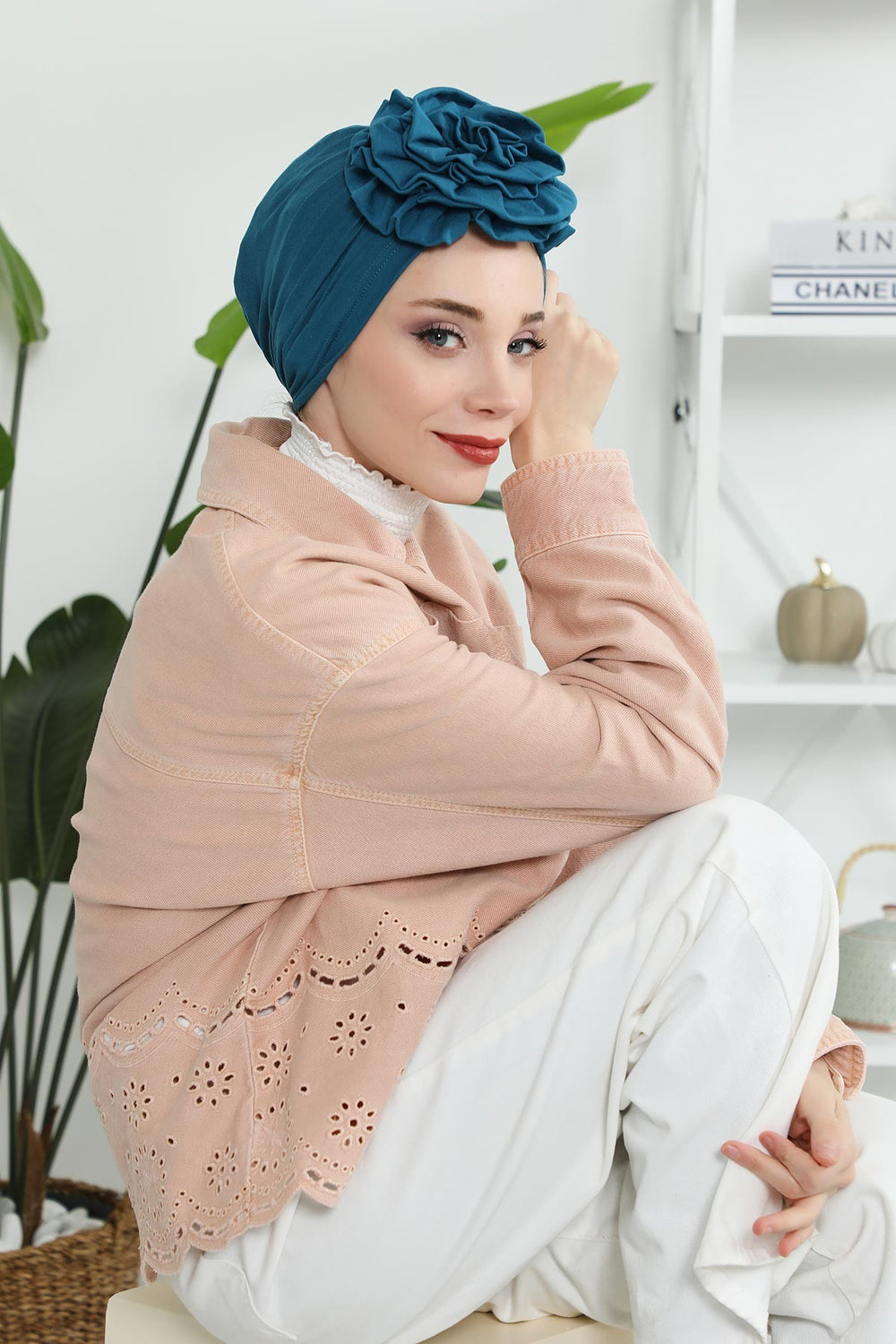 Chic Rose Accent Instant Turban Hijab for Women, Cotton Scarf Chemo Head Wrap, Plain Bonnet Cap with a Beautiful Big Handmade Rose,B-21 Petrol Blue