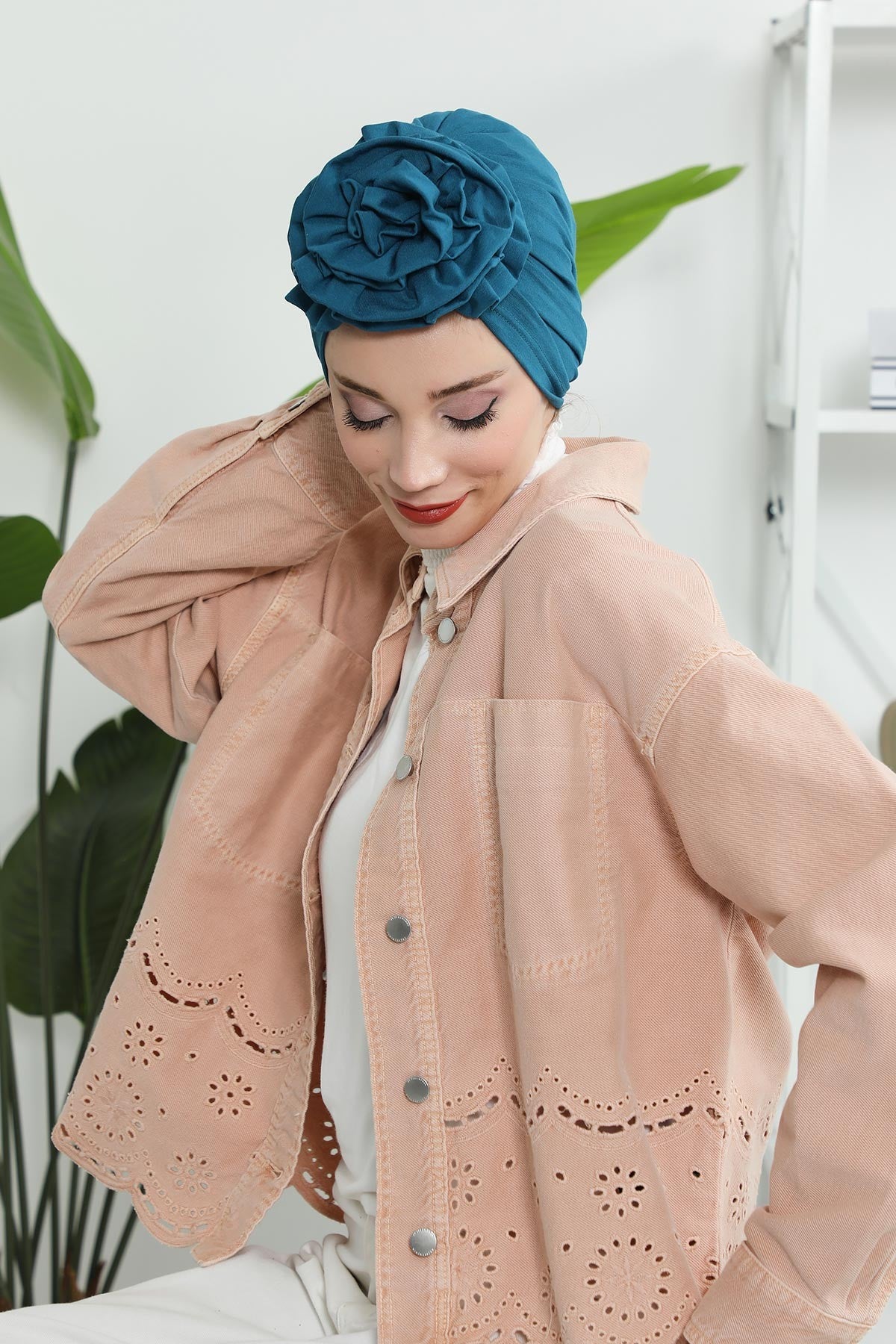 Chic Rose Accent Instant Turban Hijab for Women, Cotton Scarf Chemo Head Wrap, Plain Bonnet Cap with a Beautiful Big Handmade Rose,B-21 Petrol Blue