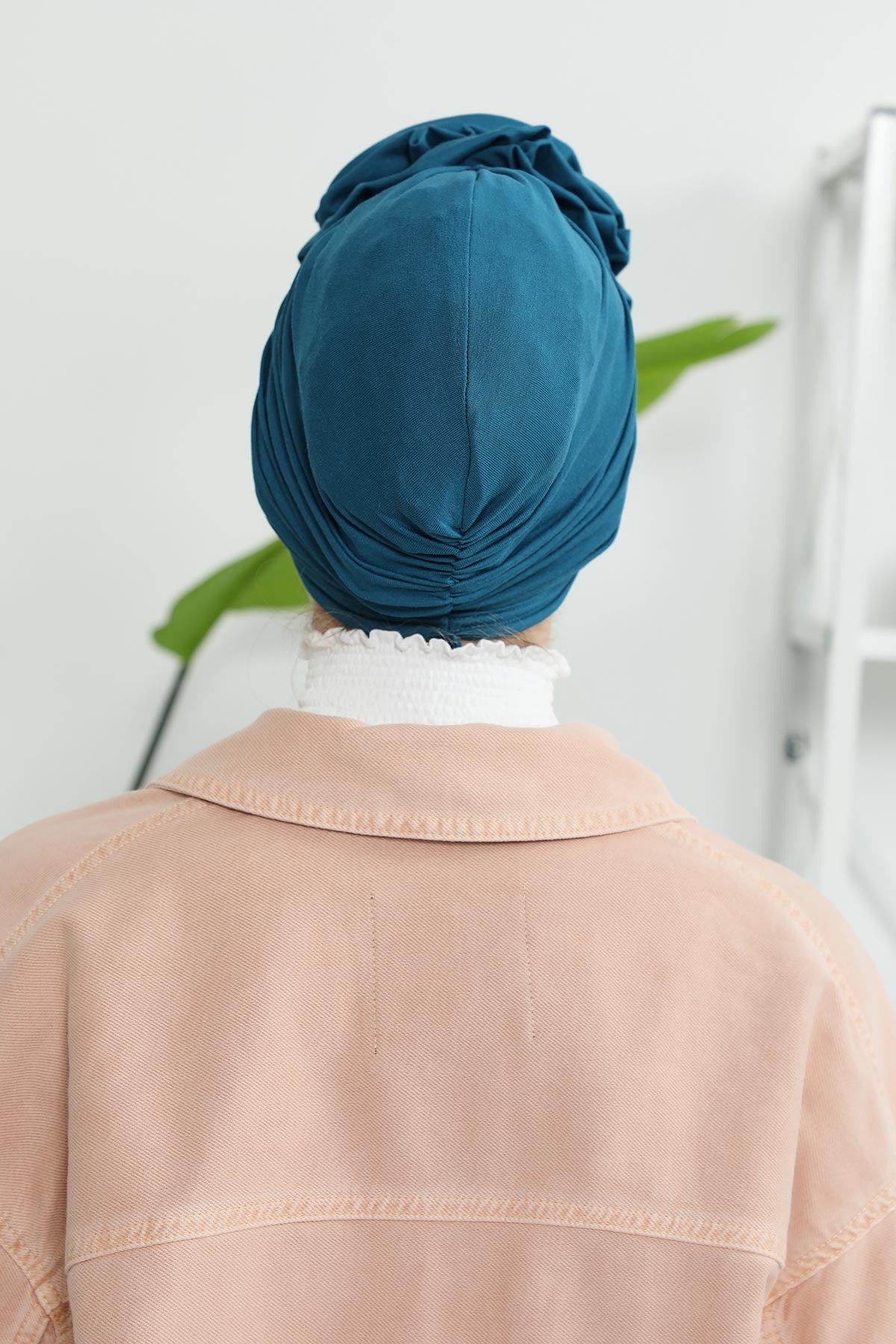 Chic Rose Accent Instant Turban Hijab for Women, Cotton Scarf Chemo Head Wrap, Plain Bonnet Cap with a Beautiful Big Handmade Rose,B-21 Petrol Blue