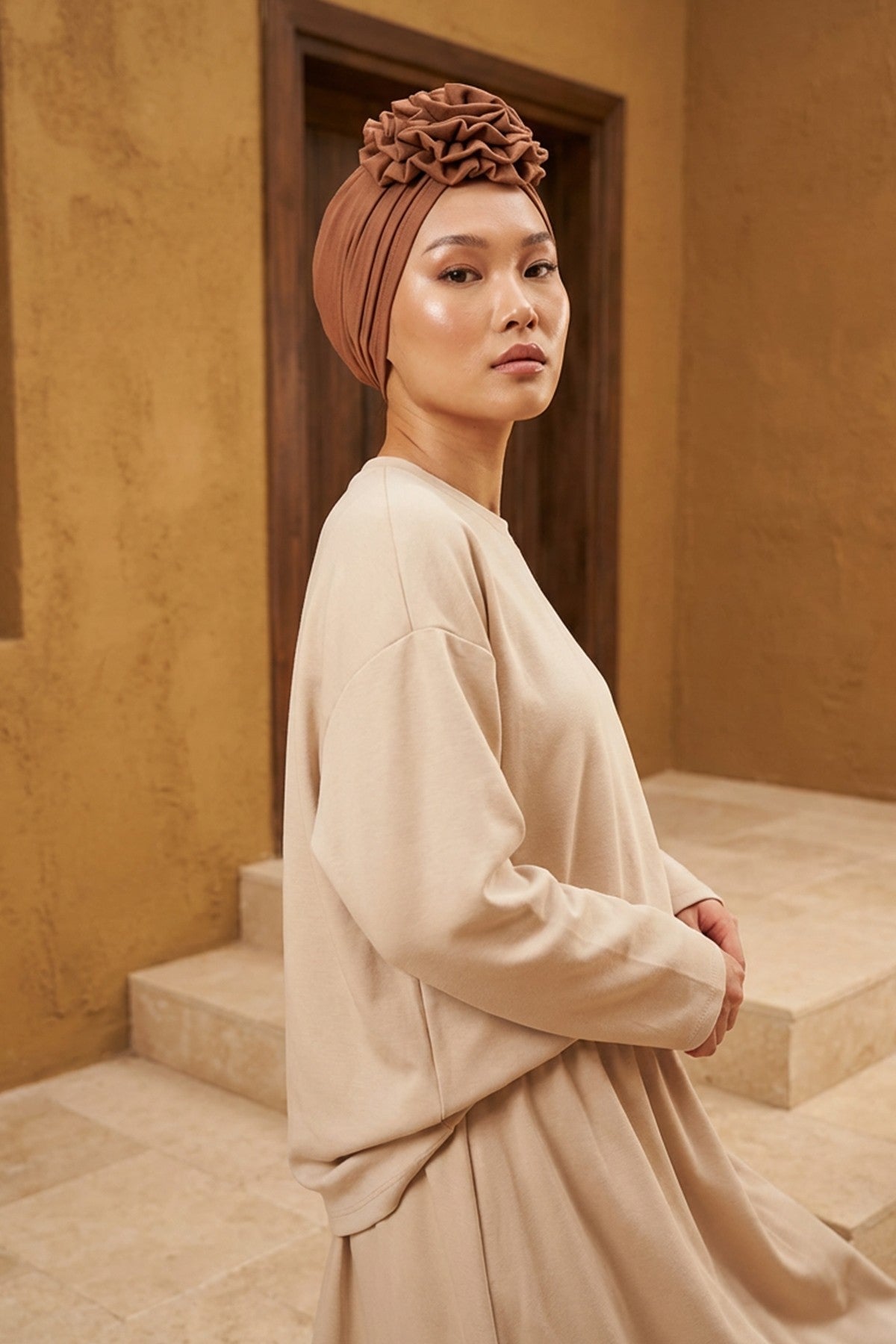 Chic Rose Accent Instant Turban Hijab for Women, Cotton Scarf Chemo Head Wrap, Plain Bonnet Cap with a Beautiful Big Handmade Rose,B-21 Cinnamon