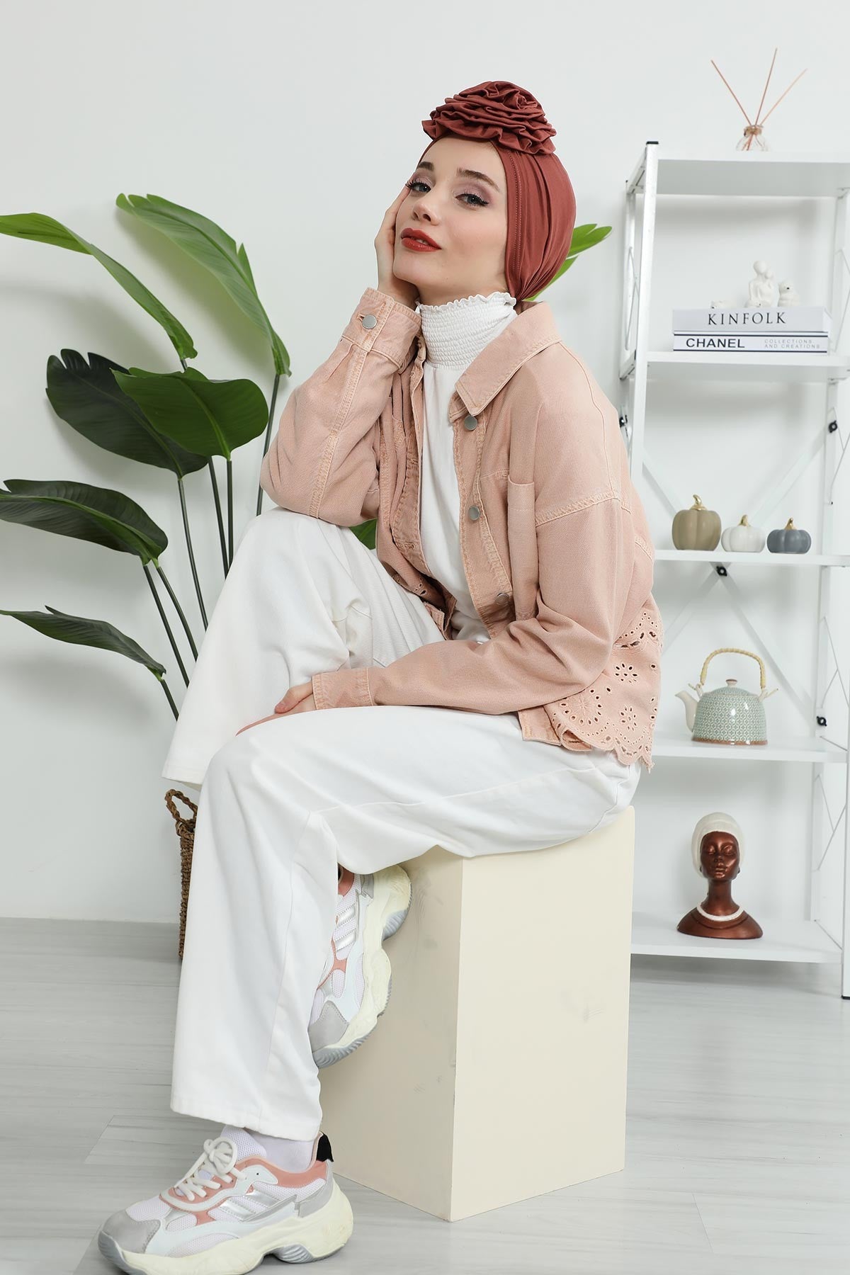 Chic Rose Accent Instant Turban Hijab for Women, Cotton Scarf Chemo Head Wrap, Plain Bonnet Cap with a Beautiful Big Handmade Rose,B-21 Cinnamon