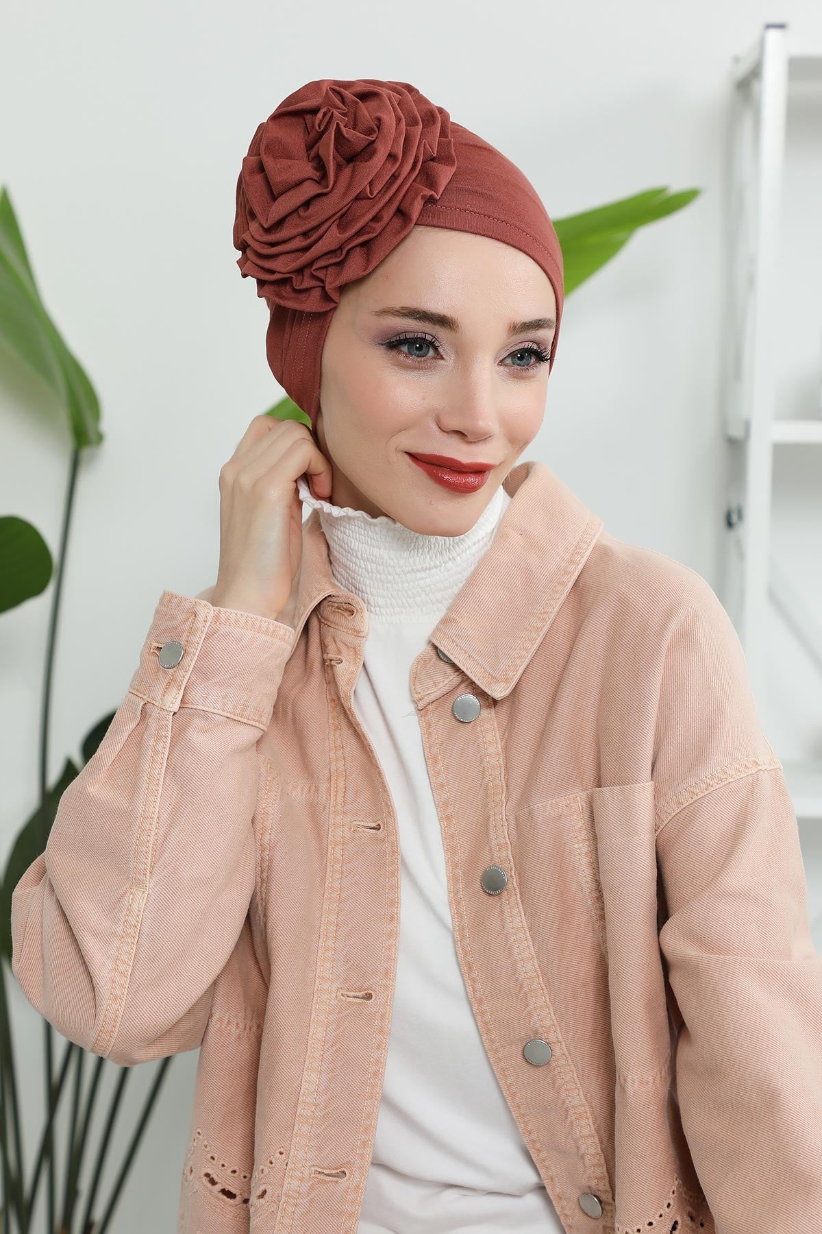 Chic Rose Accent Instant Turban Hijab for Women, Cotton Scarf Chemo Head Wrap, Plain Bonnet Cap with a Beautiful Big Handmade Rose,B-21 Cinnamon