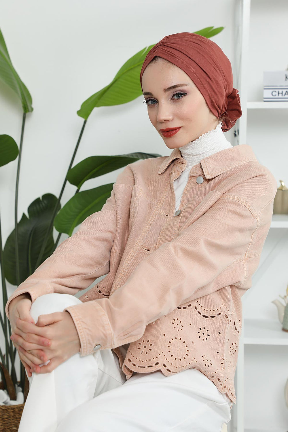 Chic Rose Accent Instant Turban Hijab for Women, Cotton Scarf Chemo Head Wrap, Plain Bonnet Cap with a Beautiful Big Handmade Rose,B-21 Cinnamon